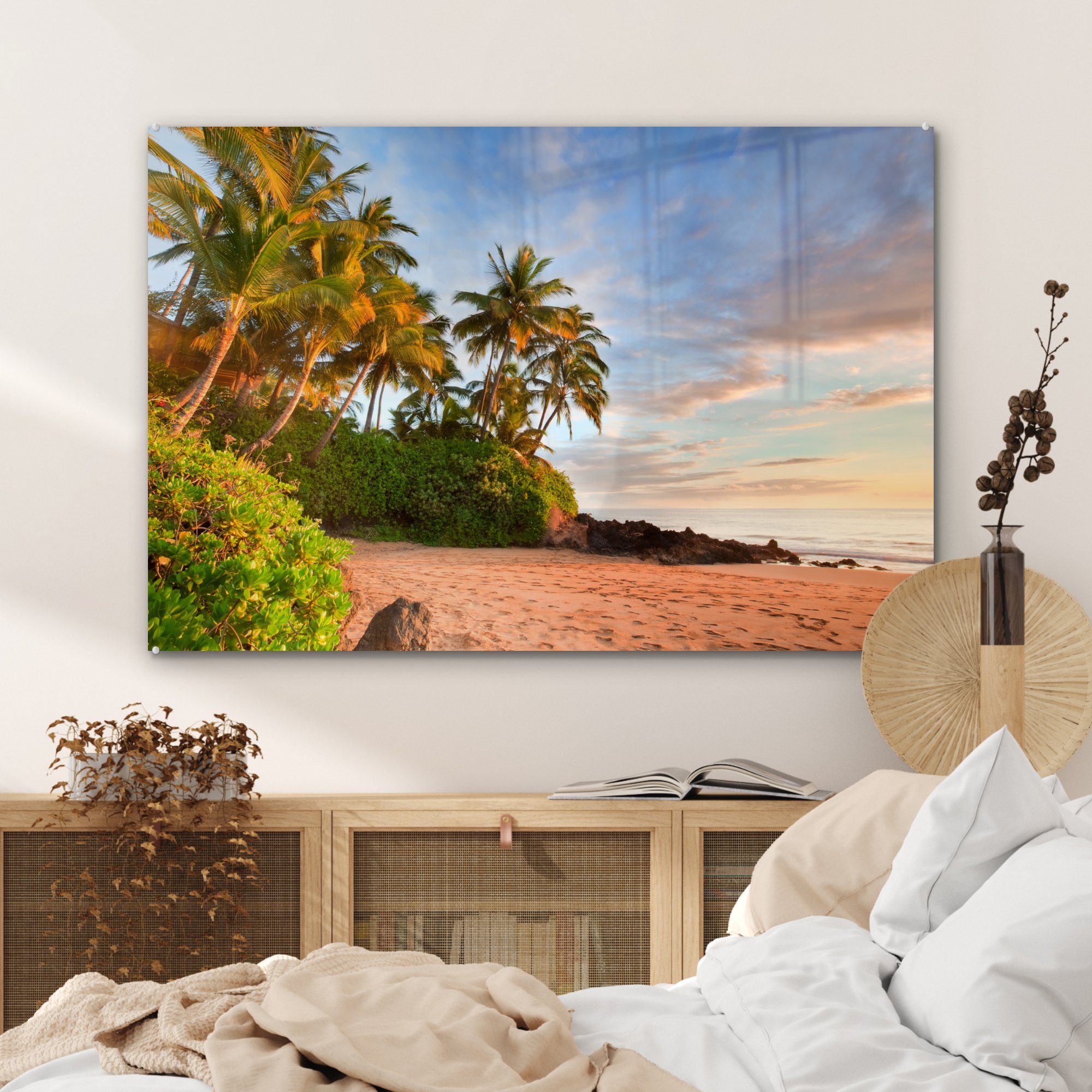 MuchoWow Acrylglasbild Palmen am Schlafzimmer & Strand Maui bei von Acrylglasbilder (1 Wohnzimmer St), Sonnenuntergang