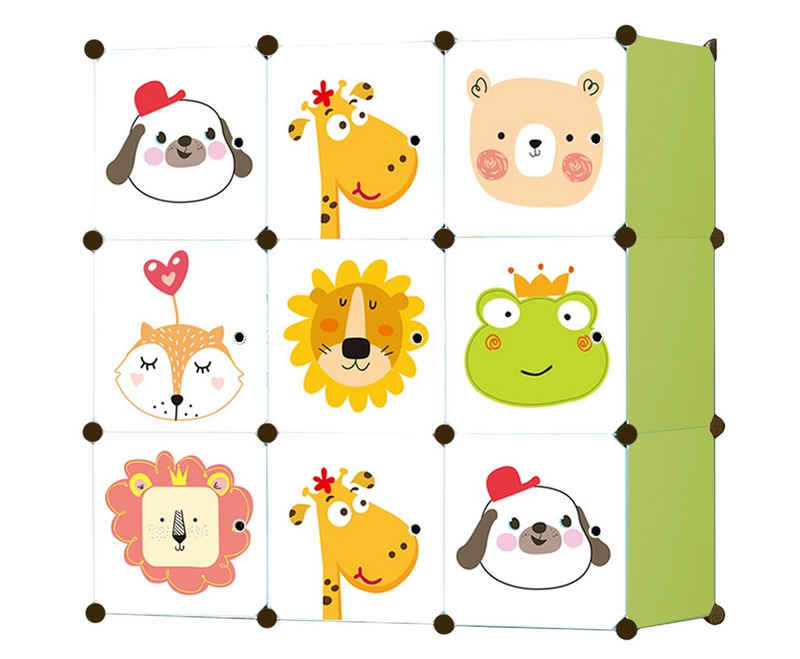 Kids Collective Kinderkleiderschrank Modularer Schrank für Kinder, 9 Türen mit Märchendruck, Kombischrank -Steckregal, 3 kg Kammerkapazität, Polypropylenplatten, in grün