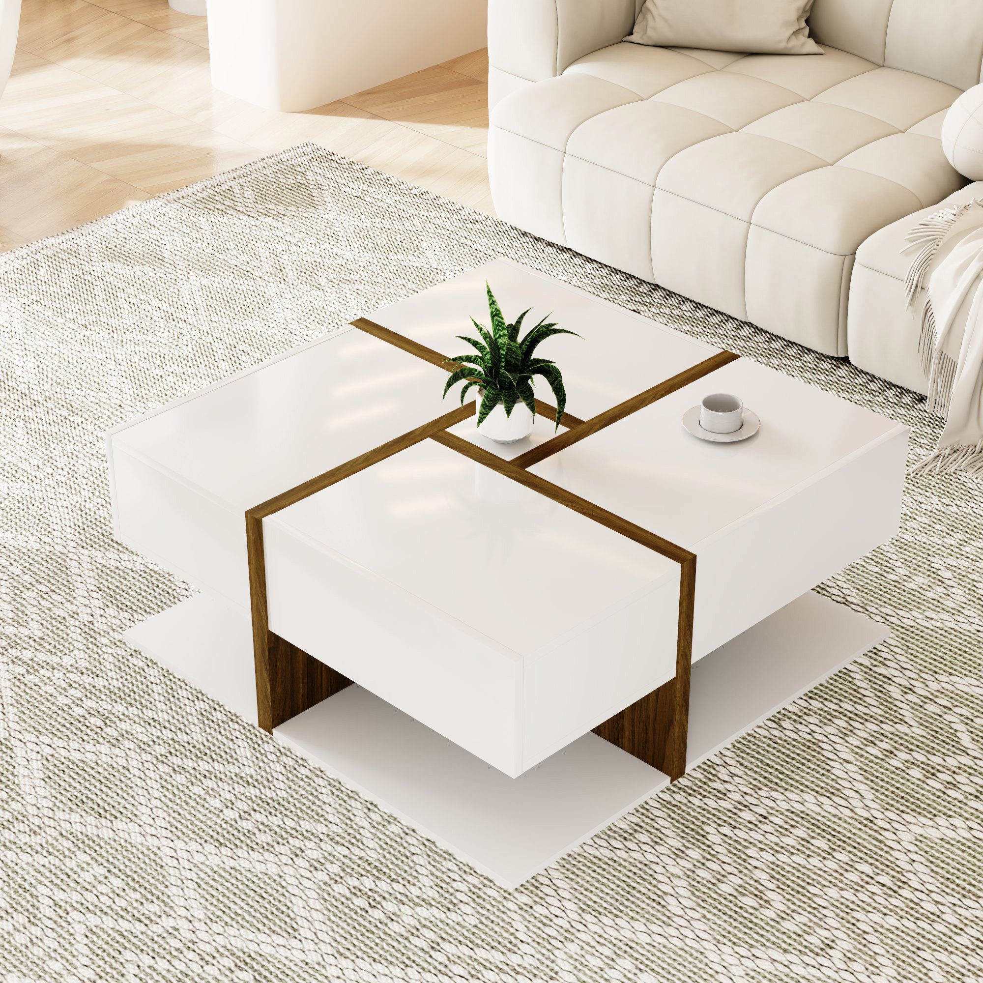 EXTSUD Couchtisch Hochglanz-Couchtisch 4 Schubladen – Quadrat & Linien (ein Tisch), einzigartige Farbabstimmung und Liniendesign, Stauraum unten
