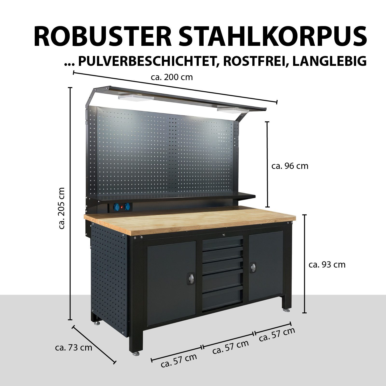 TRUTZHOLM Werkstatt-Set Werkstattwand Profiline XL 200 x 73 cm Stahl massive Holzarbeitsplatte, (1-tlg), Robuster Stahlkorpus,massive Holzarbeitsplatte,Oberbeleuchtung
