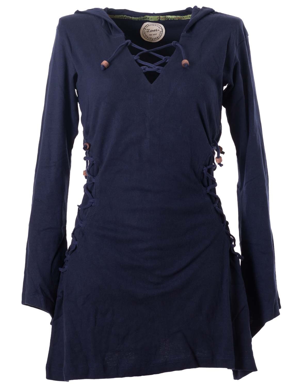Vishes Zipfelkleid Elfenkleid mit Hoody, Schnüren Zipfelkapuze Style zum Gothik Bändern dunkelblau Ethno