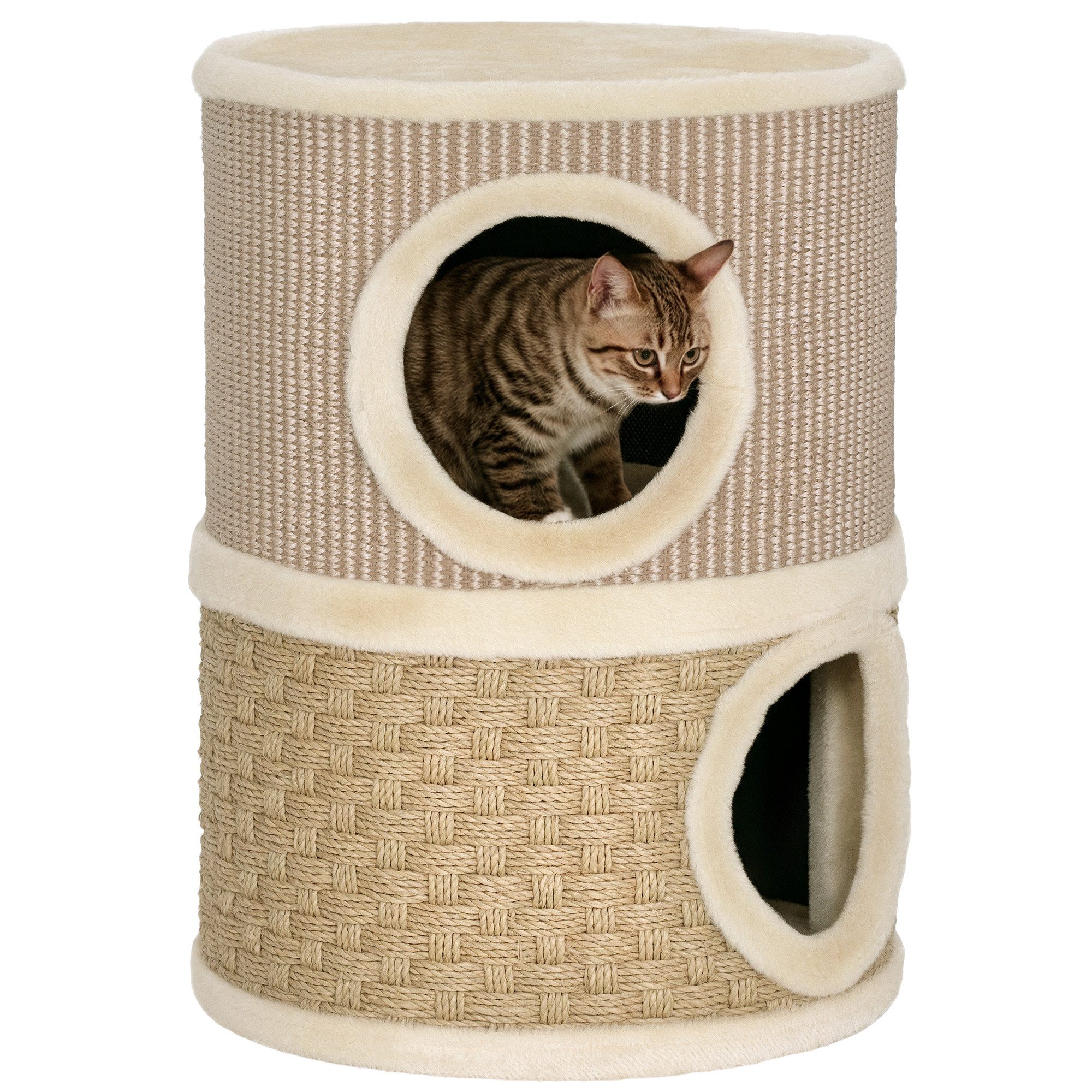 PawHut Kratztonne mit Plüschrand, Kratzmatte, 2 Höhle, (35,5 cm zweistöckige Katzentonne, 1-tlg., 49 cm hoch Kratzbaum), aus Sisal, für Katzen unter 4 kg, Khaki+Kaffee