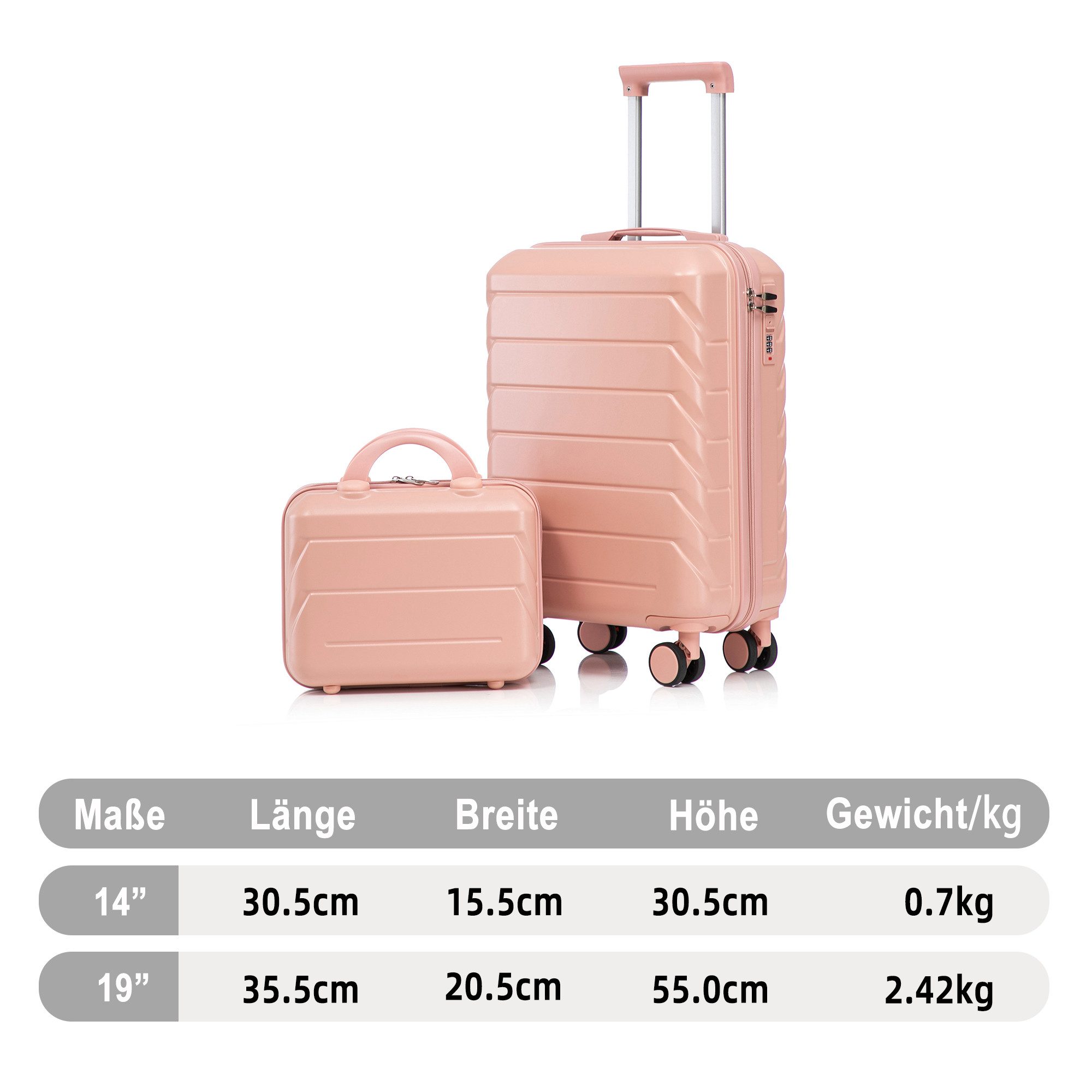 LVHOM Trolleyset 2/4 Set., ABS Hartschalen 14"/19"/24"/28", leise Rädern für jede Tour, (Handgepäck, Kosmetiktasche, Kratzfest und wasserdich für einfache Reinigung. 360° Spinner-Räder mit Doppelreihenschutz und hoher Belastbarkeit. Teleskopgriff 3-stufig verstellbar. Innere Organisation mit Netzen, Gurten und Trennfächern., 2 tlg., Kosmetikorganizer mit Tragegriff, Sicherungsschlinge), Geschäftstrip, Familienurlaub, längere Erkundungen, Flughafentransfers