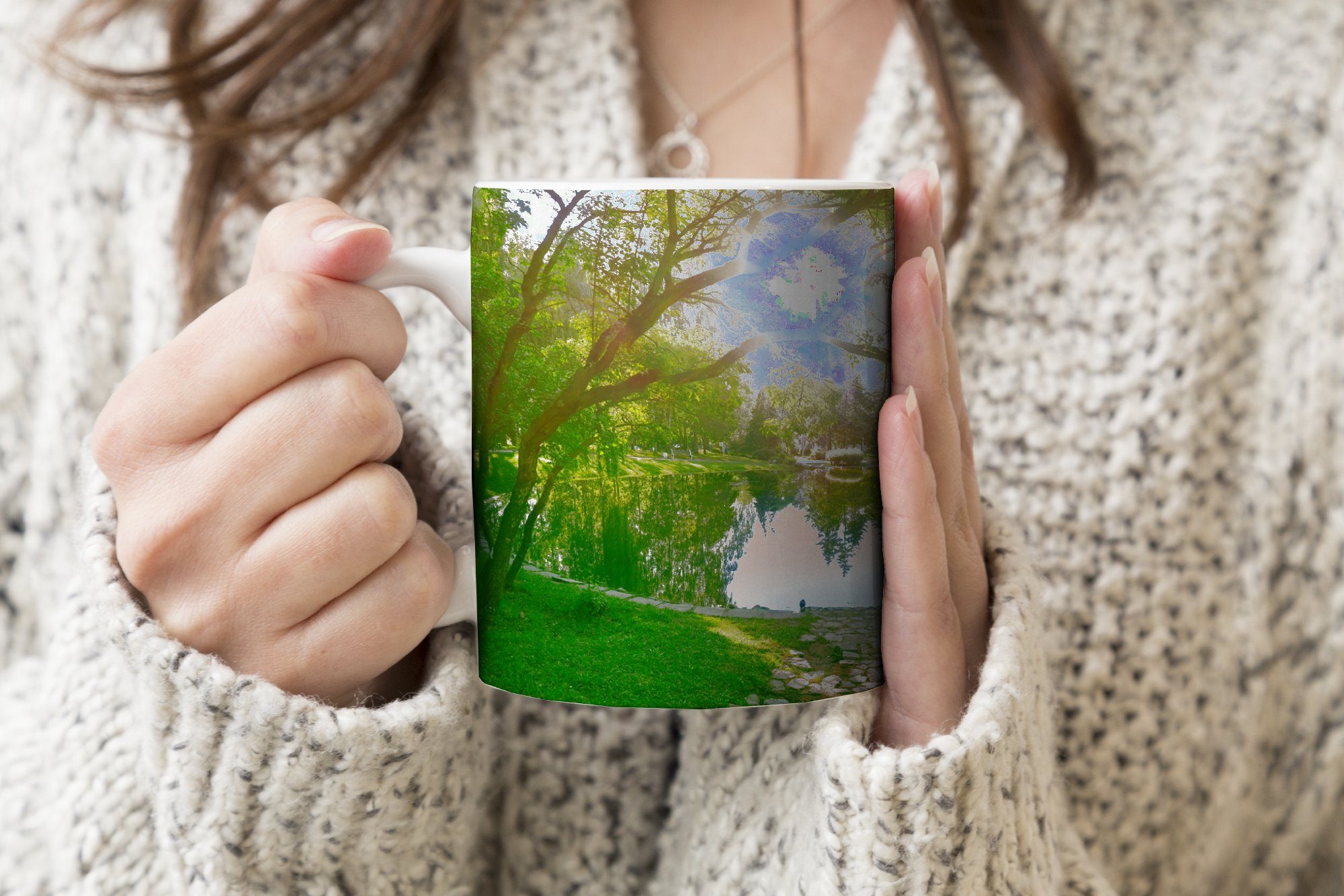 Keramik, Kaffeetassen, Teetasse, - Tasse Geschenk Bäume Becher, MuchoWow See Natur, - Gras - - Sonne Teetasse,