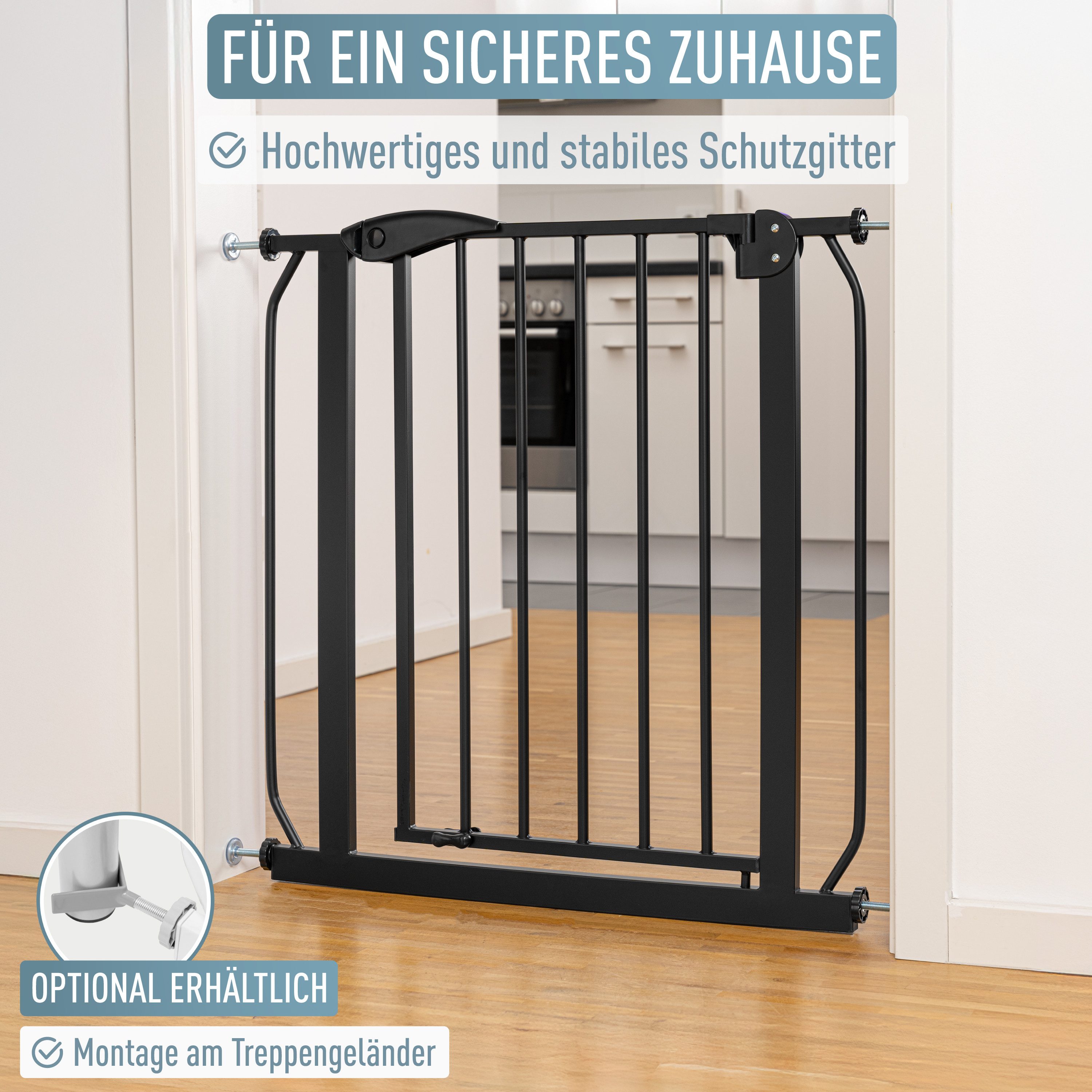 ib style Türschutzgitter Berrin Treppengitter ohne Bohren 67-75cm schwarz, Getestet in Deutschland, 2-fach Sicherung, Babygitter bis 24 Monaten – Bild 2 von 5