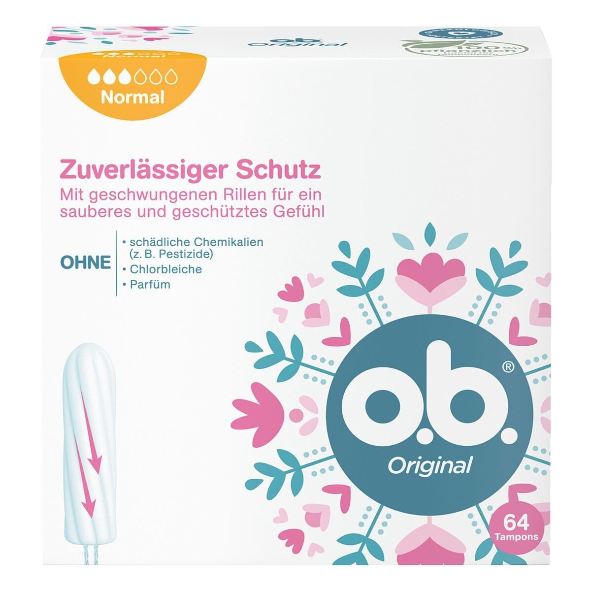 o.b. Tampons Original Normal, normal Gr., 64 Stück mit geschwungenen Rillen