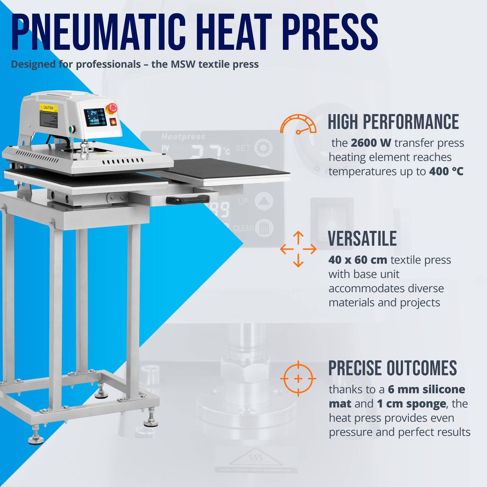 MSW Bügelsystem Doppelte pneumatsche Transferpresse 40x60cm T-Shirts Keramik Vitrolite, 2600 W