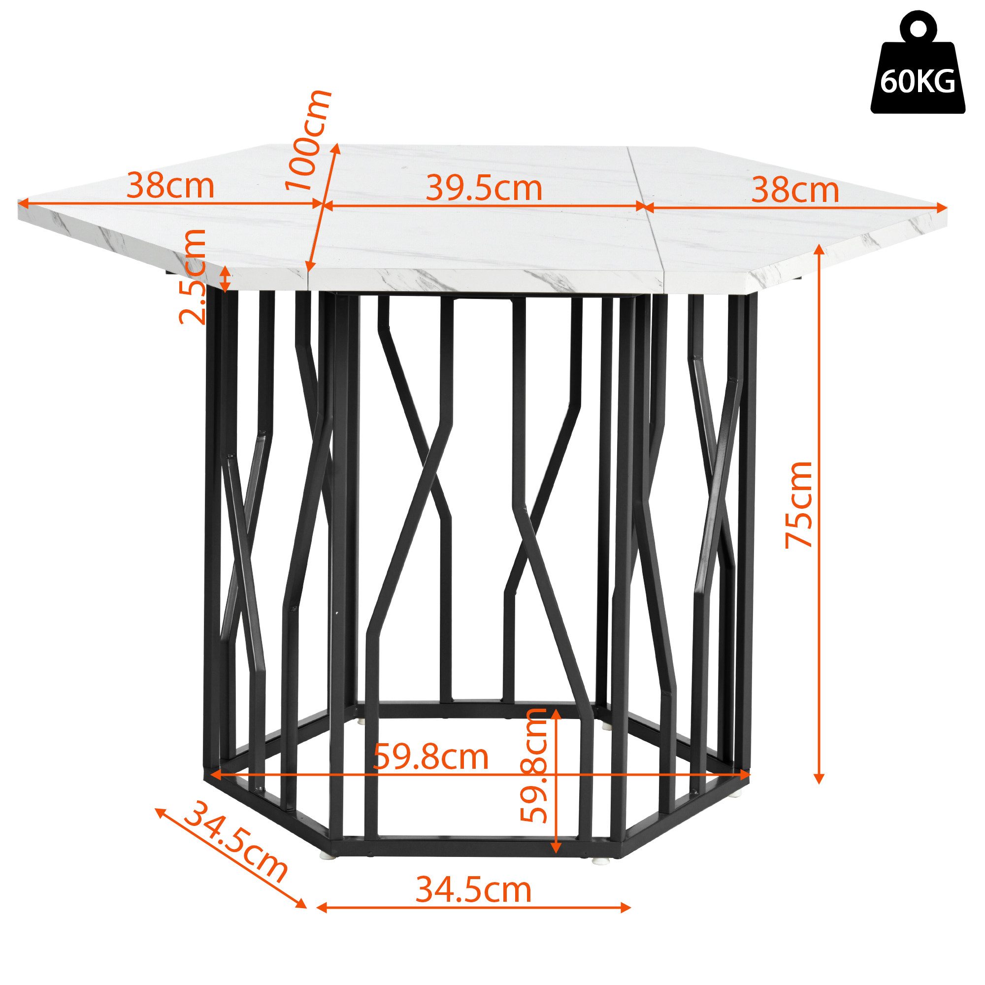 Flieks Esstisch sechseckiger Küchentisch (115,5x100x75 cm, 1-St., 1 Tisch), Schreibtisch mit weiße Marmoroptik und schwarzes Metallzweiggestell