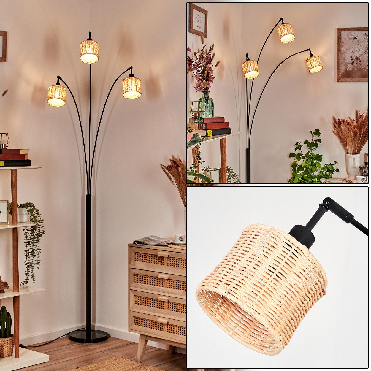 hofstein Stehlampe Stehlampe aus Metall/Rattan in Schwarz/Naturfarben, ohne Leuchtmittel, moderne Stehleuchte verstellbar mit Marmorfuß und Fußschalter, E14