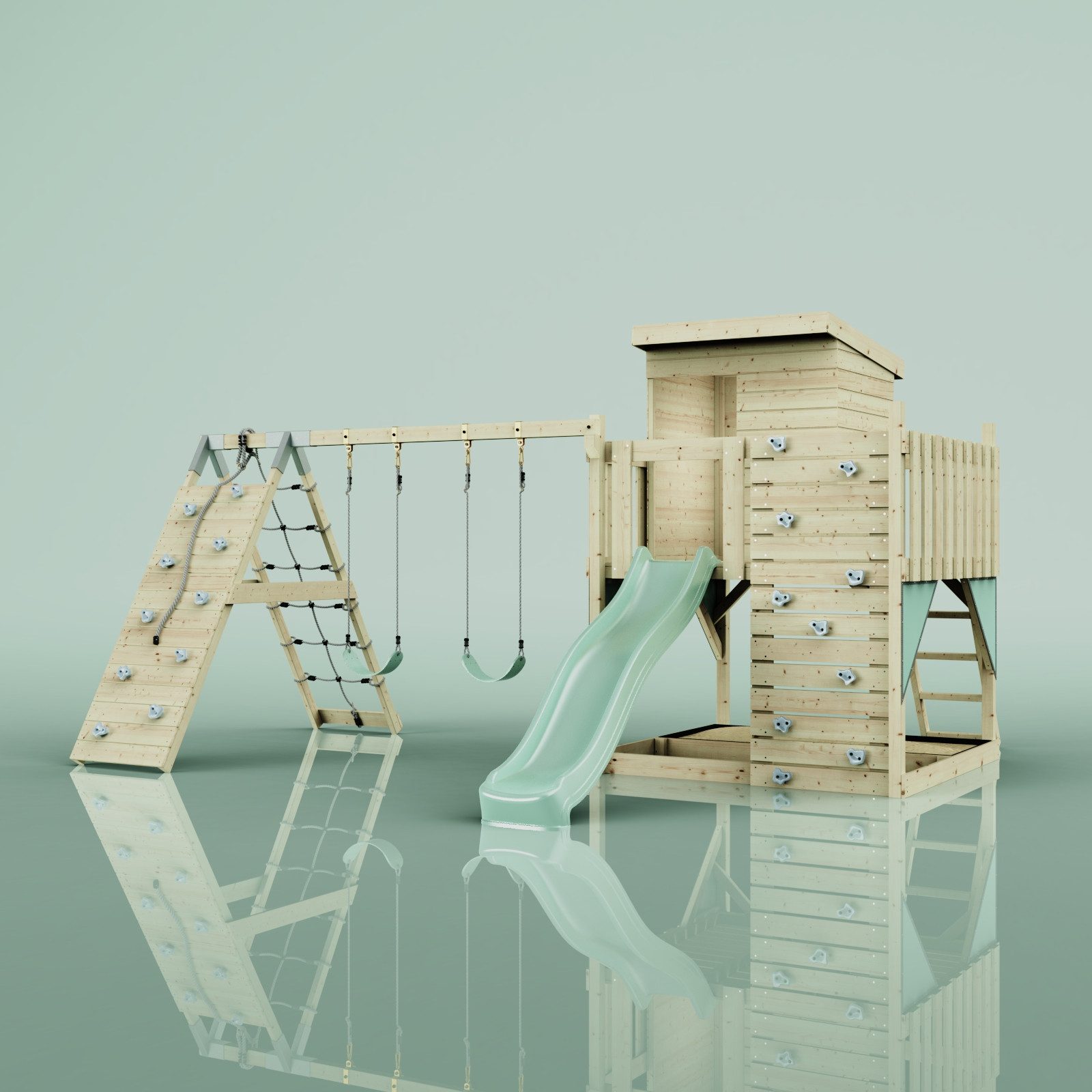 OutdoorToys Spielturm Frida, aus Holz in Mintgrün mit Kinderschaukel & Rutsche, Kletterwand