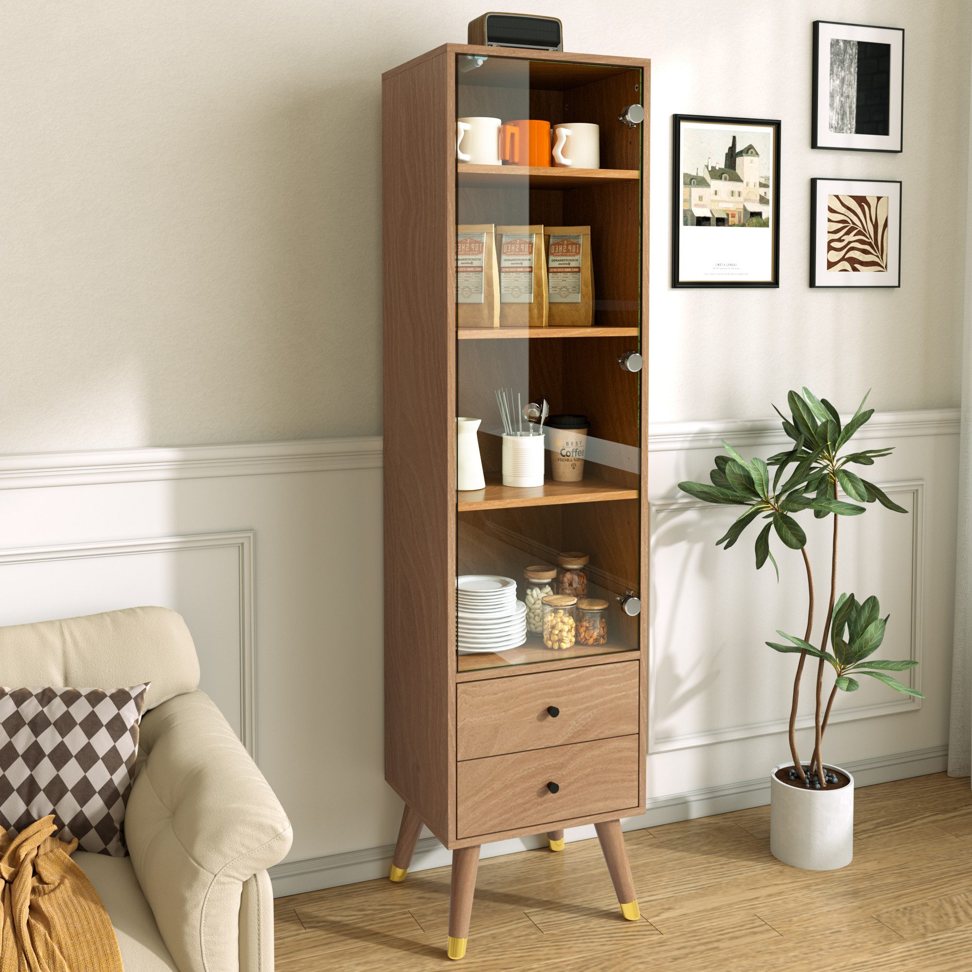 Fine Life Pro Standvitrine Hochschrank Glastür Holzoptik 1 Schrank, Holzoptik, Wohnzimmer/Bad/Büro