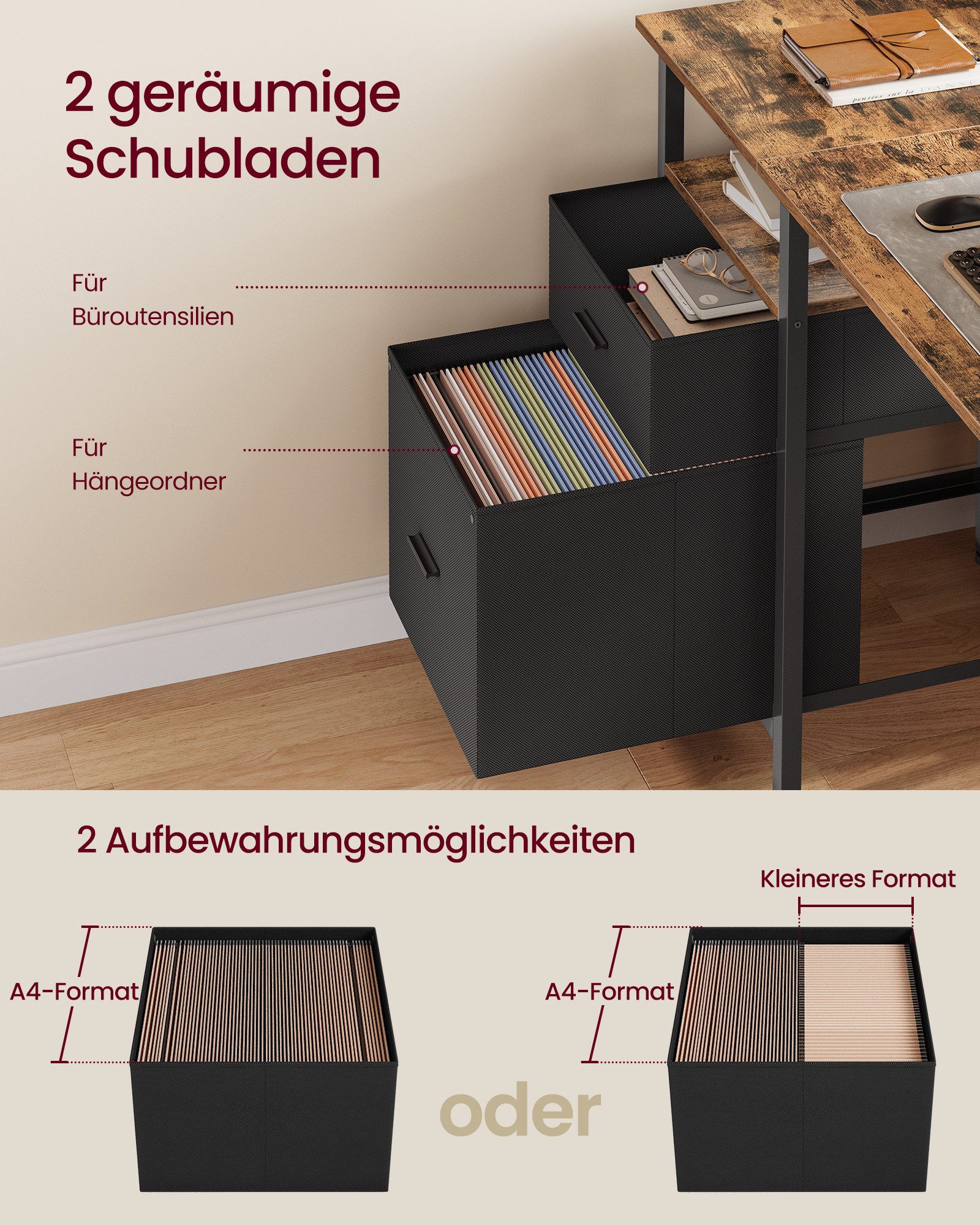 VASAGLE Schreibtisch Computertisch, Bürotisch, mit 3 Ablagen, 2 Schubladen, 127 cm, fürs Büro, Wohnzimmer, moderner Stil