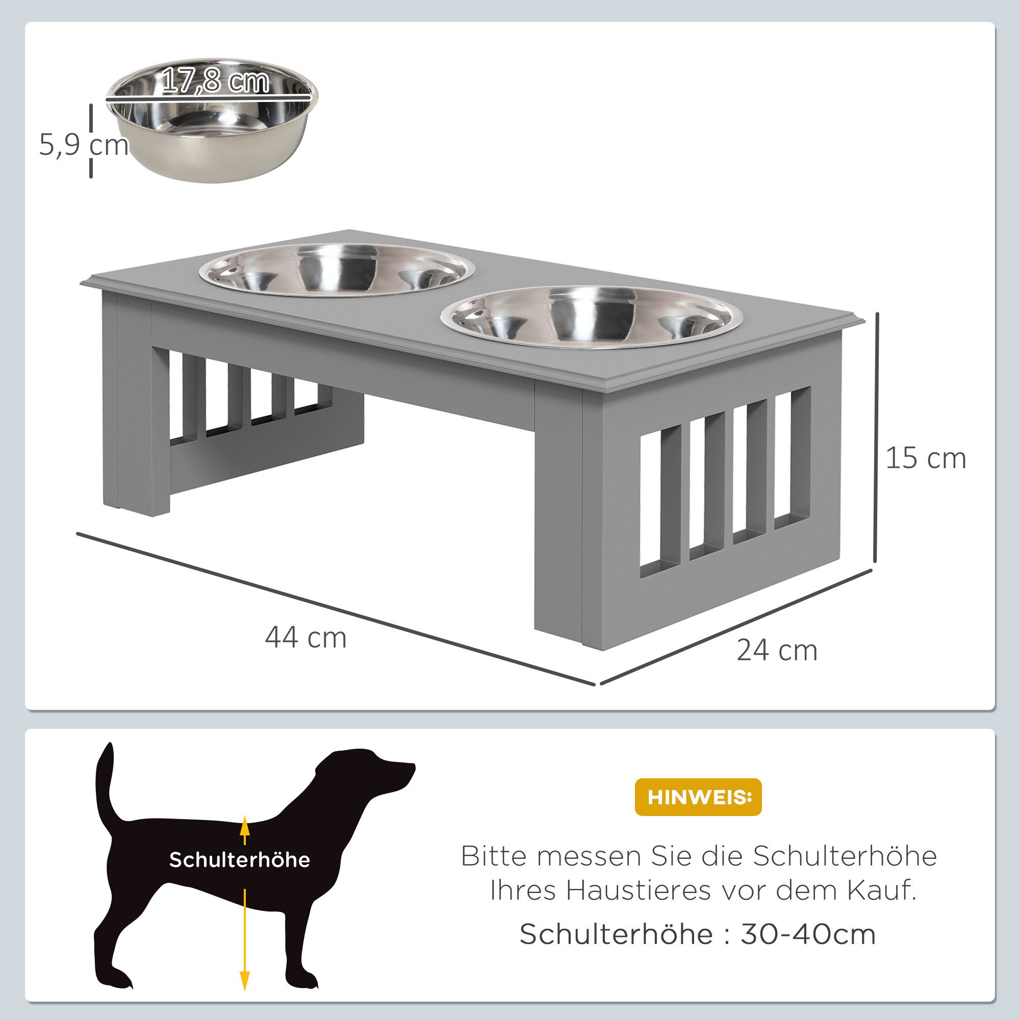 PawHut Futternapf Hundenapf mit 2 Näpfe, Pflegeleicht, aus Edelstahl, MDF, Edelstahl, MDF, für Wohnzimmer, Balkon, Grau