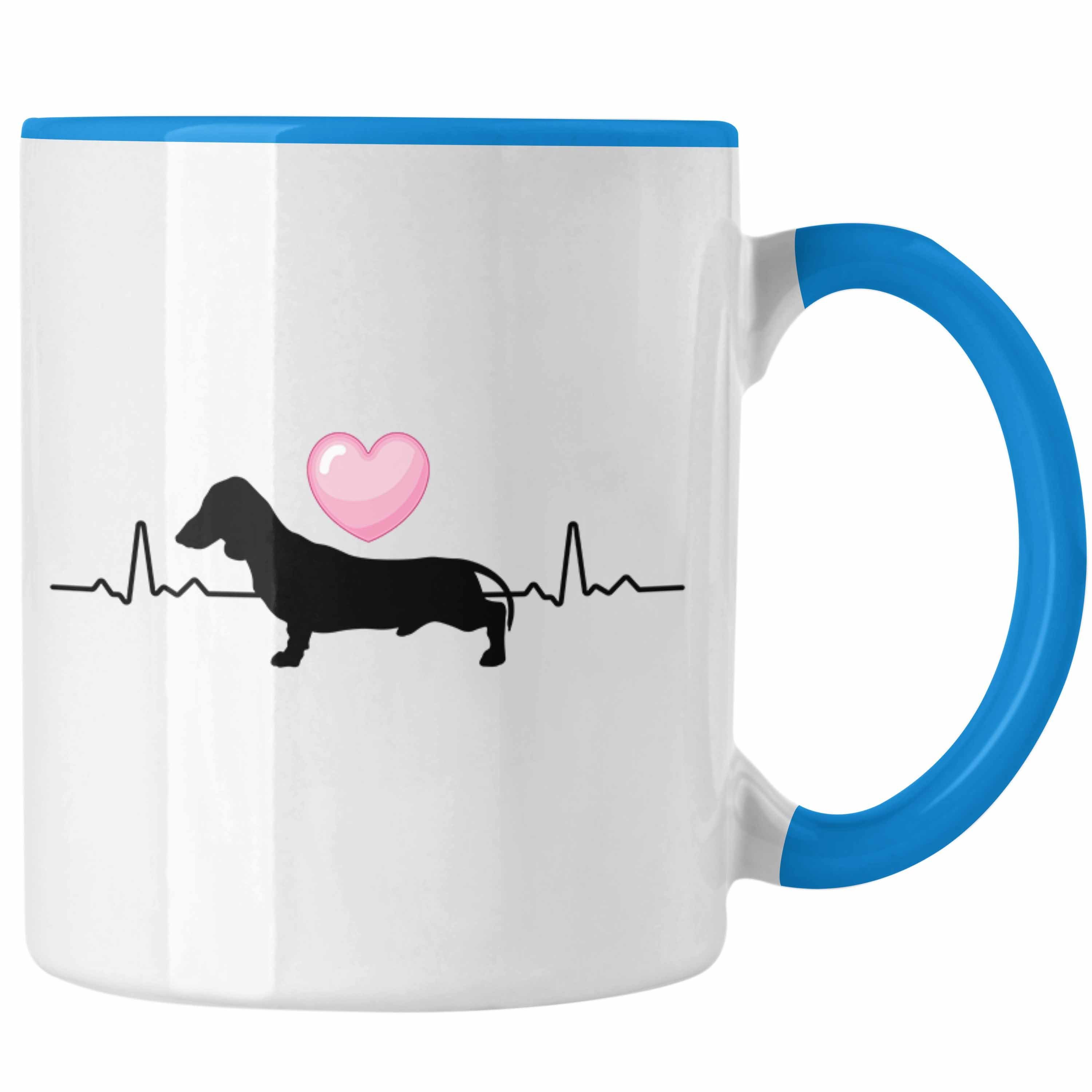 Trendation Tasse Dackel Tasse Geschenke Rauhaardackel Blau Herzschlag Dachshund Lustig