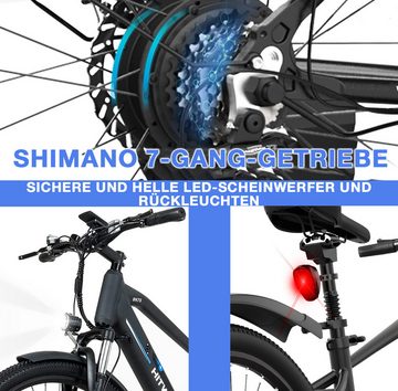 HITWAY E-Bike Elektrofahrrad 26 Zoll Pedelec E-Citybike 36V 12Ah, 7 Gang Shimano Shimano Schaltwerk, Kettenschaltung, Heckmotor, 432 Wh akku, 35-90km Hardtail E-MTB Pedalassistenzmodus Shimano 7 GANG