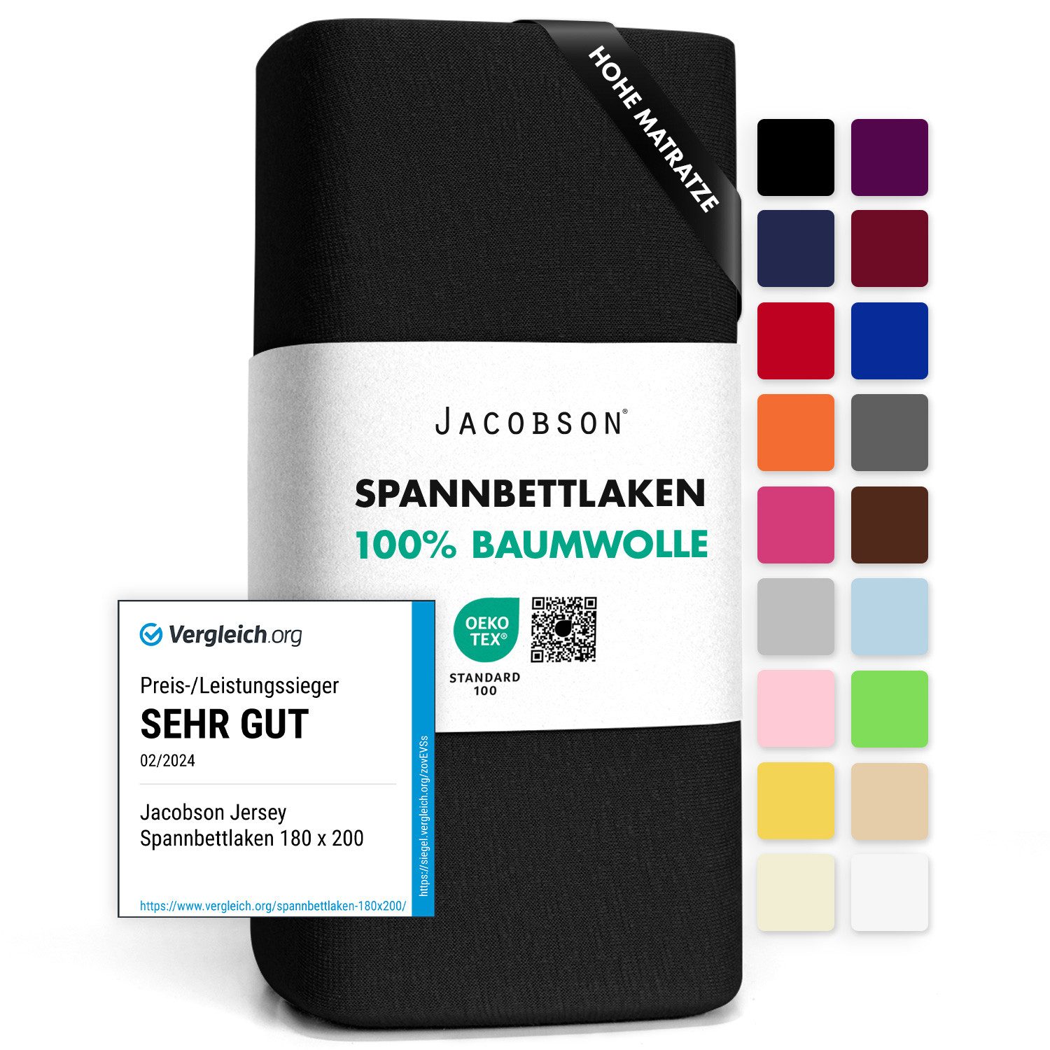 Jacobson Spannbettlaken BOXSPRING & ÜBERLÄNGE aus 100% Baumwolle, für hohe & lange Matratzen, Jersey Bettlaken 160 g/m²