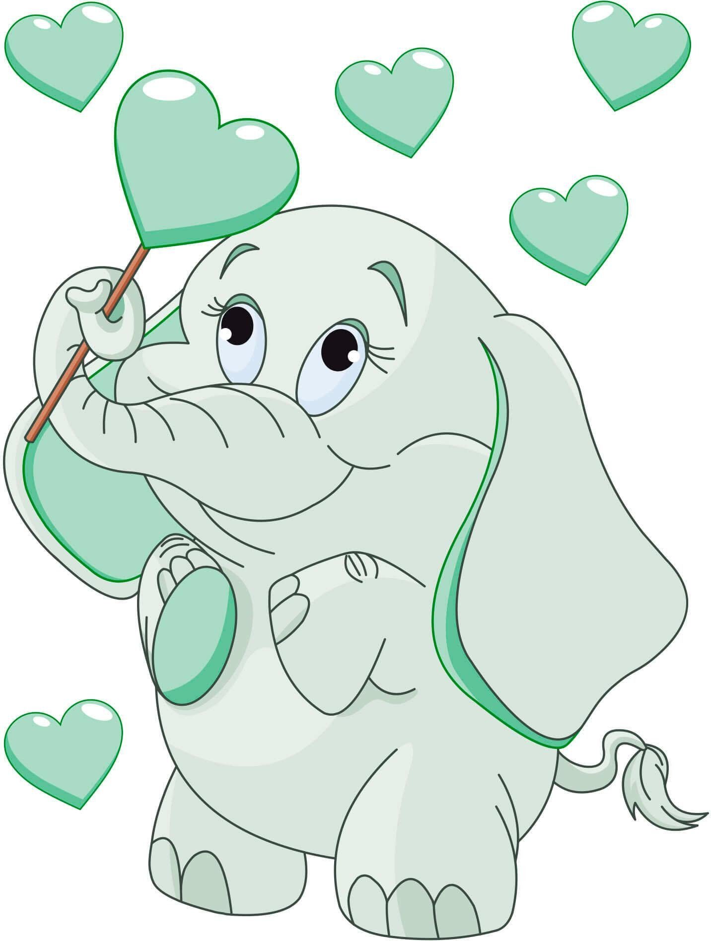 Wall-Art Wandtattoo Elefantenbaby mit Herzen Leuchtsticker + grün