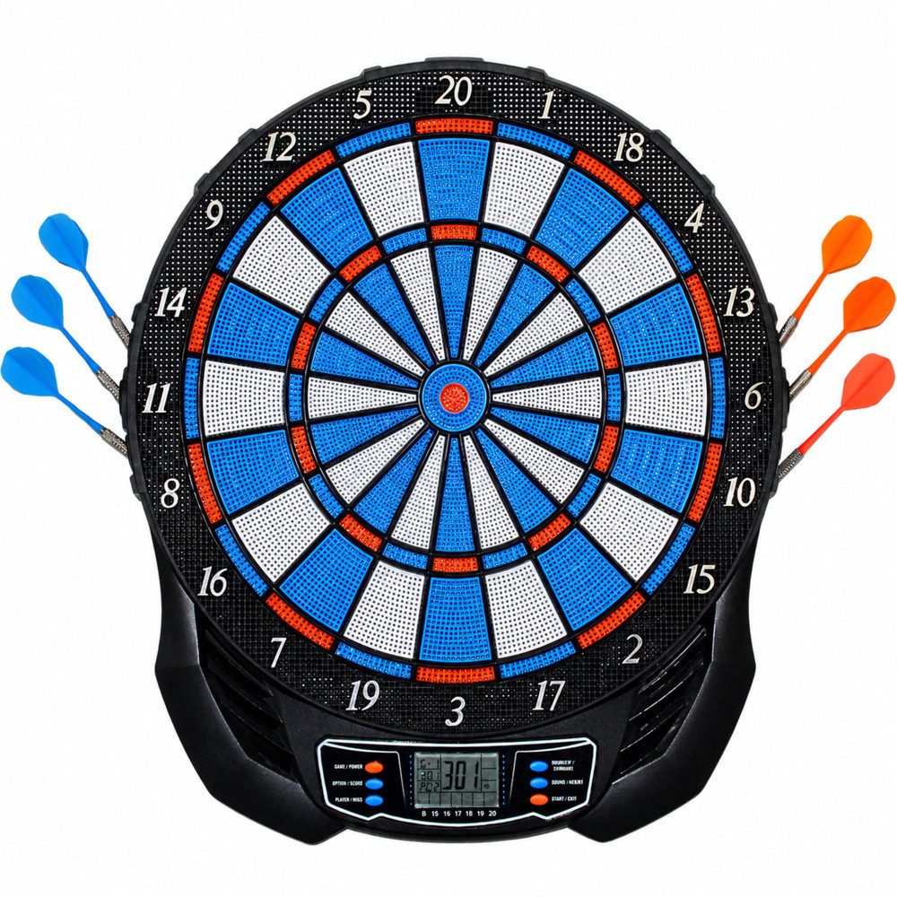 LEAN TOYS Spiel Dartscheibe Dartautomat Wurfspiel, Elektronisches Dartspiel, LCD-Display, 25 Spiele, 176 Varianten, 12 Softdarts