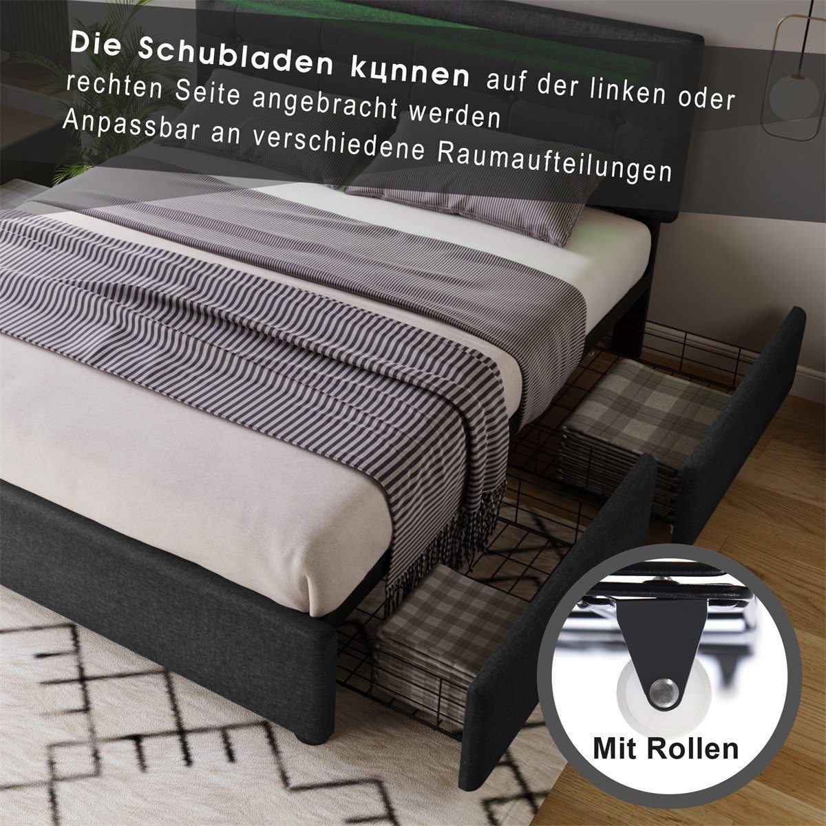 autolock Polsterbett Bettgestell,Doppelbett Polsterbett mit LED Beleuchtung, 4 Schubladen,Höhenverstellbarem Kopfteil,Stauraumbett