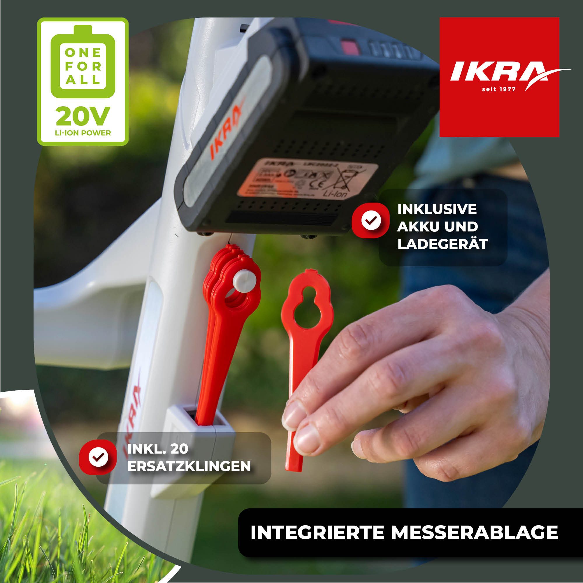 ikra GmbH Akku-Rasentrimmer IART 2025, 22 cm Arbeitsbreite Messer, 25,4 cm Arbeitsbreite Faden, 20V Akku - Mit Twin-Schneidsystem 2-in-1