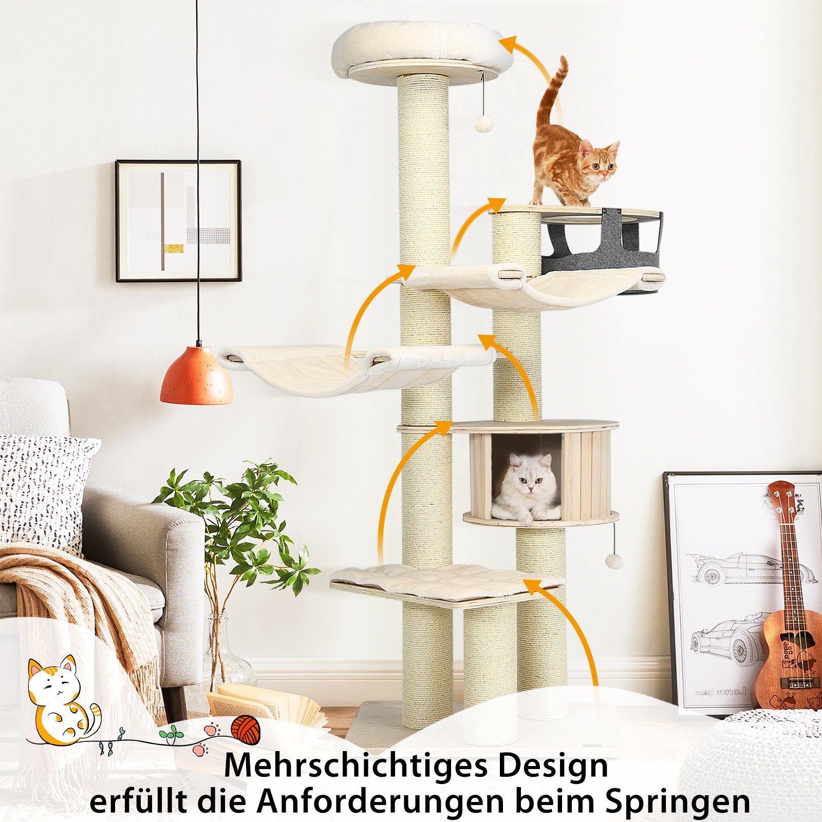 Thumbnail - COSTWAY Kratzbaum 197cm Katzenbaum, 7-stöckig, mit Hängematte & Katzenhöhle & Bällen