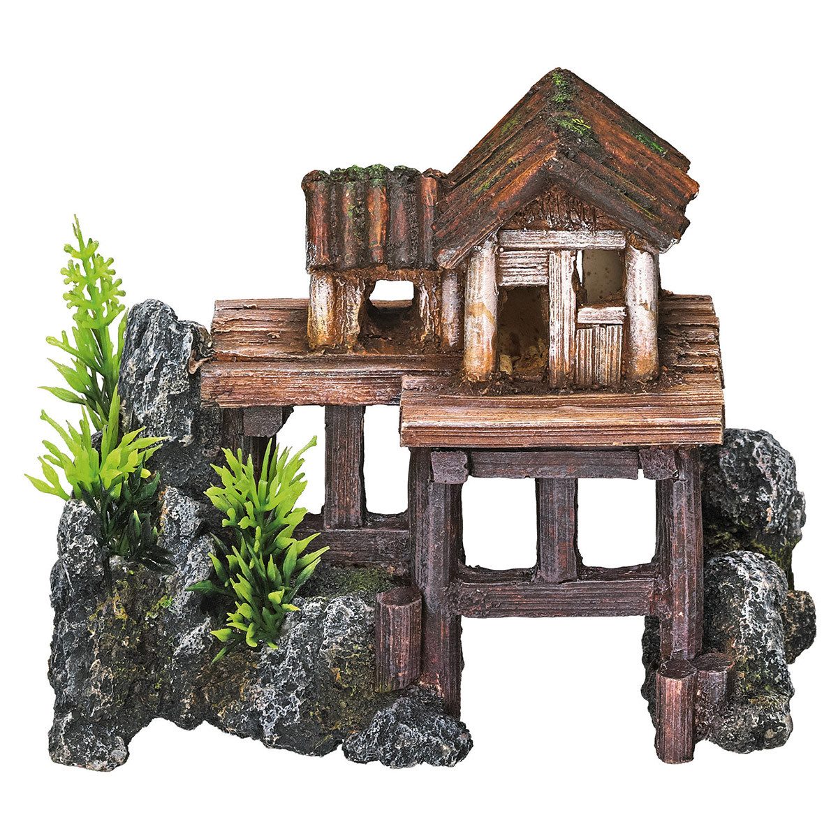 Aquariendeko Aquariendekoration Holzhaus mit Pflanzen auf Stelzen