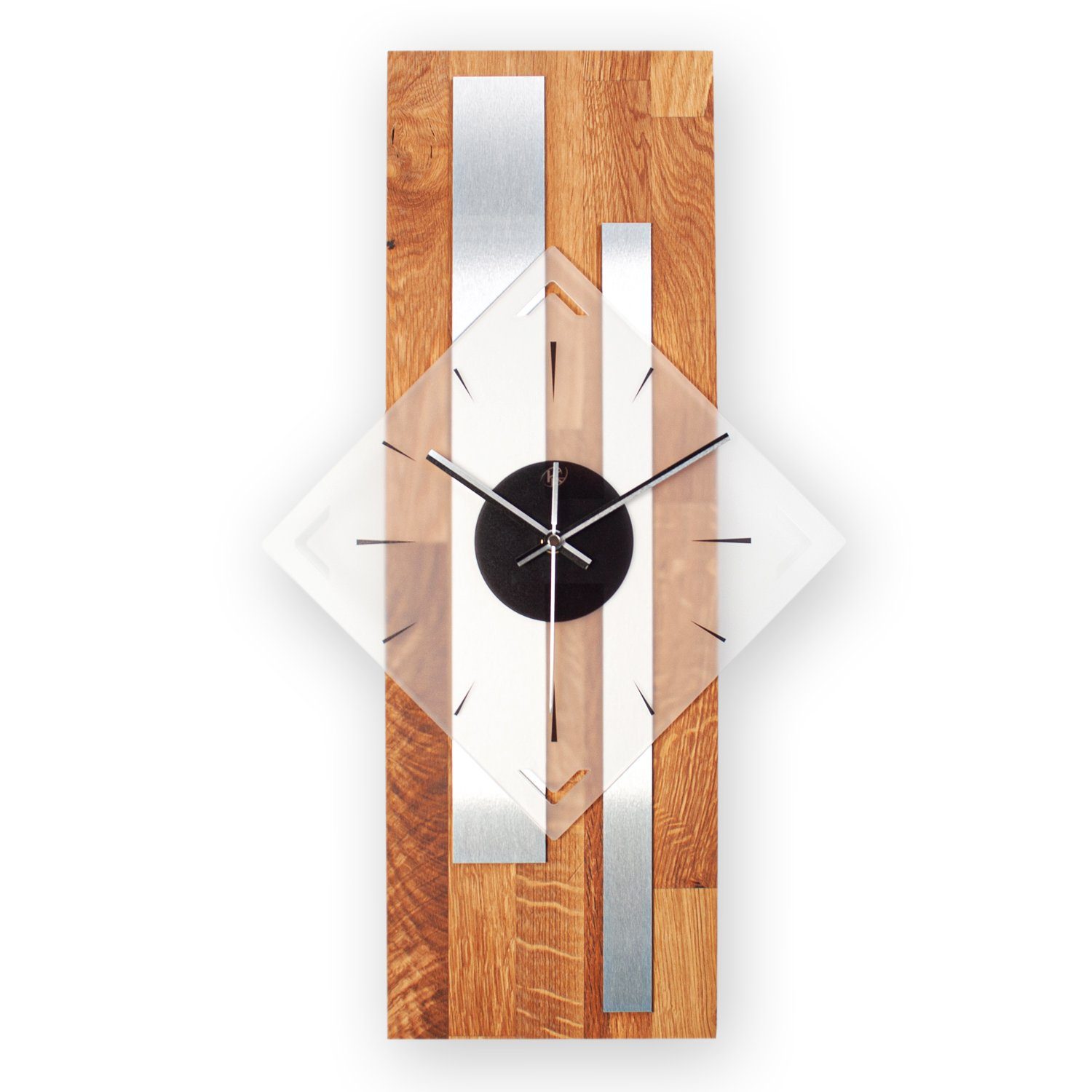 Kreative Feder Wanduhr Designer-Wanduhr „Silver Stripes“ aus hochwertigem Massivholz (ohne Ticken; Funk- oder Quarzuhrwerk; elegant, außergewöhnlich, modern)