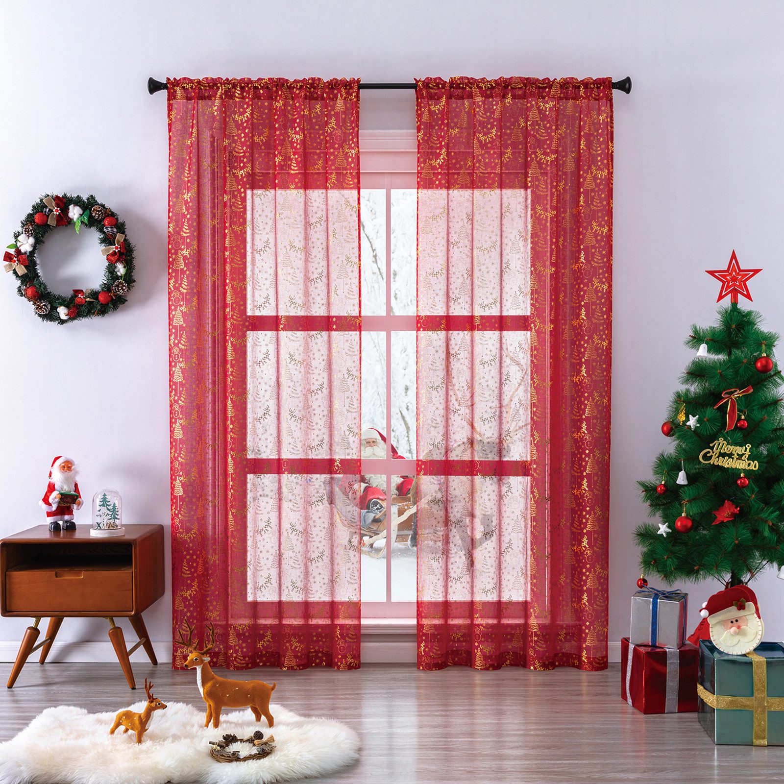 BTTO V&G Gardine Voile Gardinen Weihnachten Vorhänge Transparent Wohnzimmer,2er Set (2 St), halbtransparent, Stangentasche,luxuriöser Goldfolien Druck,Weihnachtsdeko