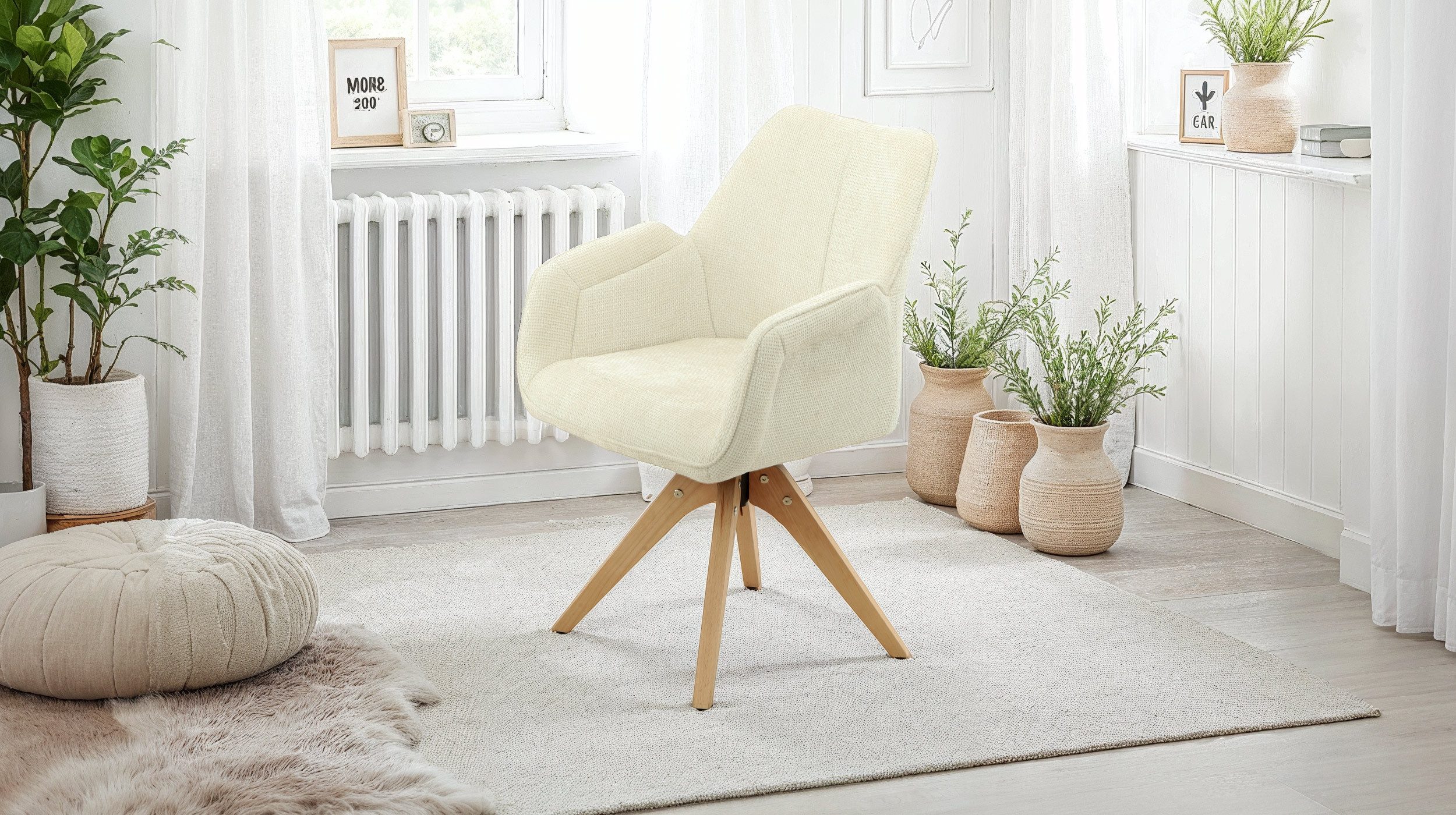 Massivart® Polsterstuhl Armlehne drehbar grau / beige / MICHELLE / 360 Grad, Esszimmerstuhl / Holzbeine Rubberwood Massivholz
