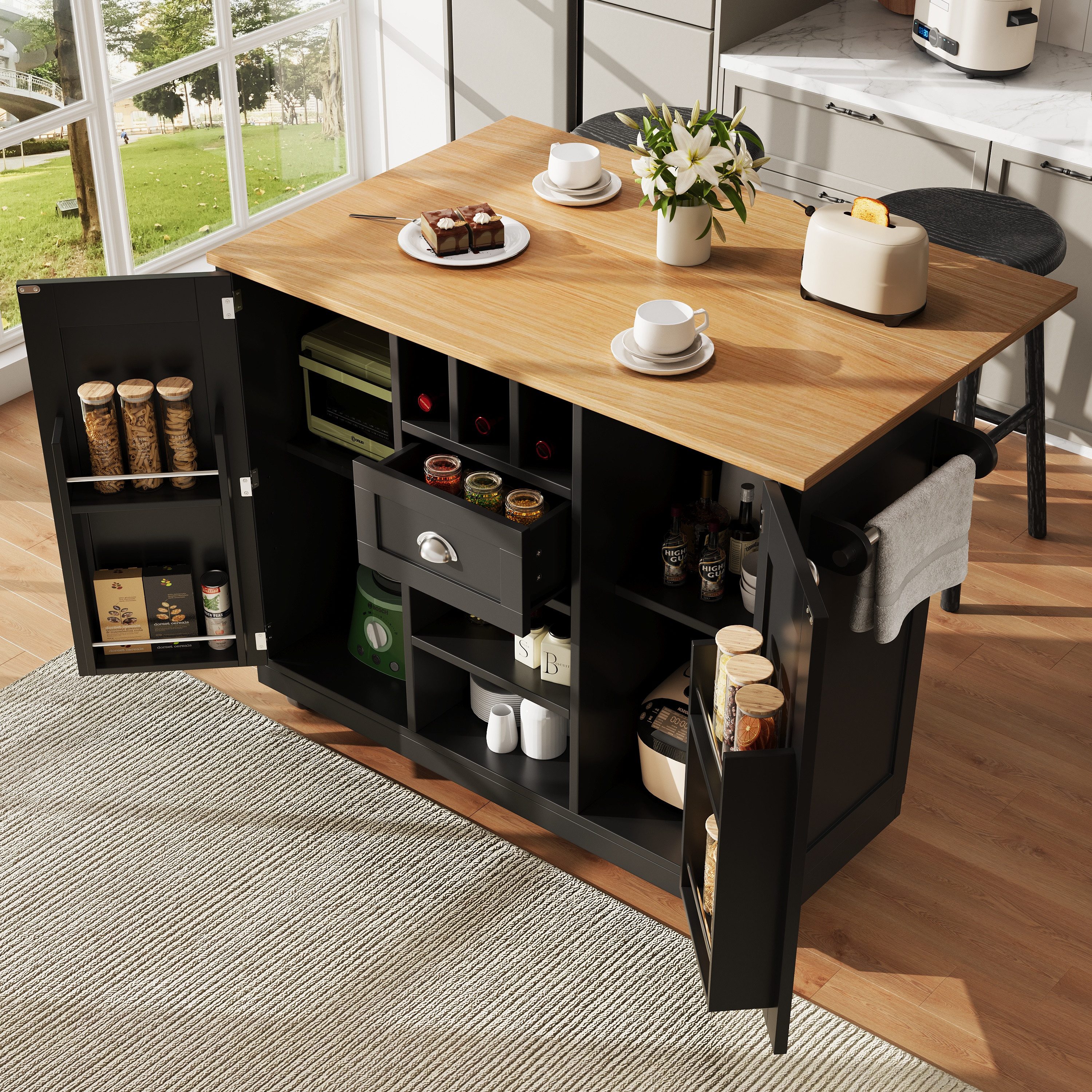 Flieks Küchenwagen mit erweiterbare Arbeitsplatte, Rollen und Weinregal Schwarz, (1 St), Servierwagen Buffetschrank Kücheninsel mit Schubladen und Türablagen