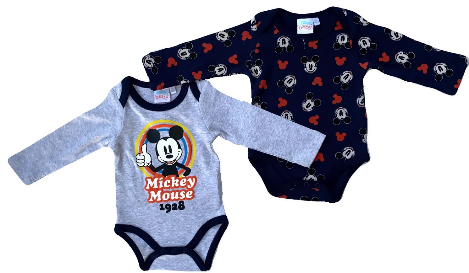Strampler 2x Mickey Mouse Disney Baby Jungen Body Set Doppelpack Hellgrau + Navy 3 6 9 12 18 Monate Gr.62 68 74 80 86cm