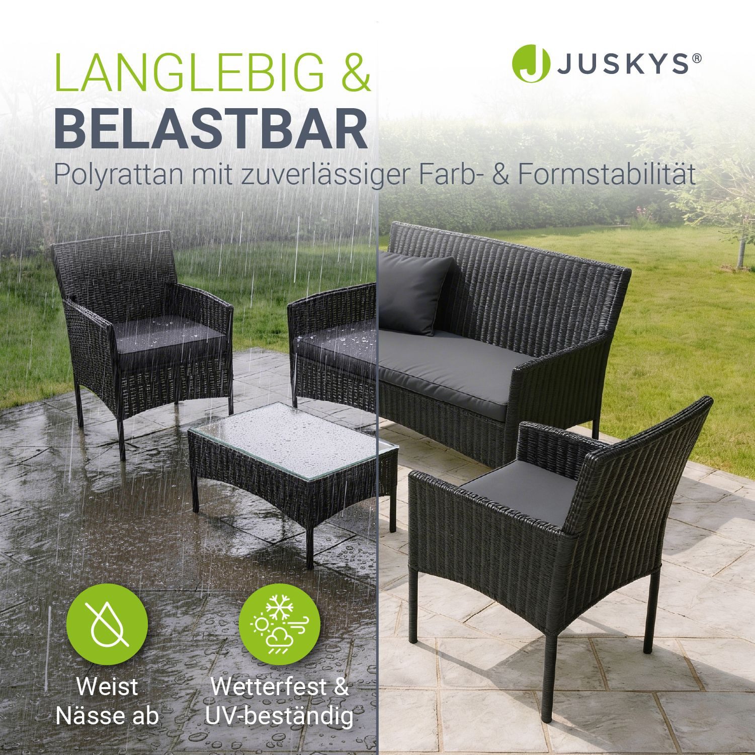 Juskys Gartenlounge-Set Fort Myers, wetterfeste Polyrattan Sitzgruppe für 4 Personen