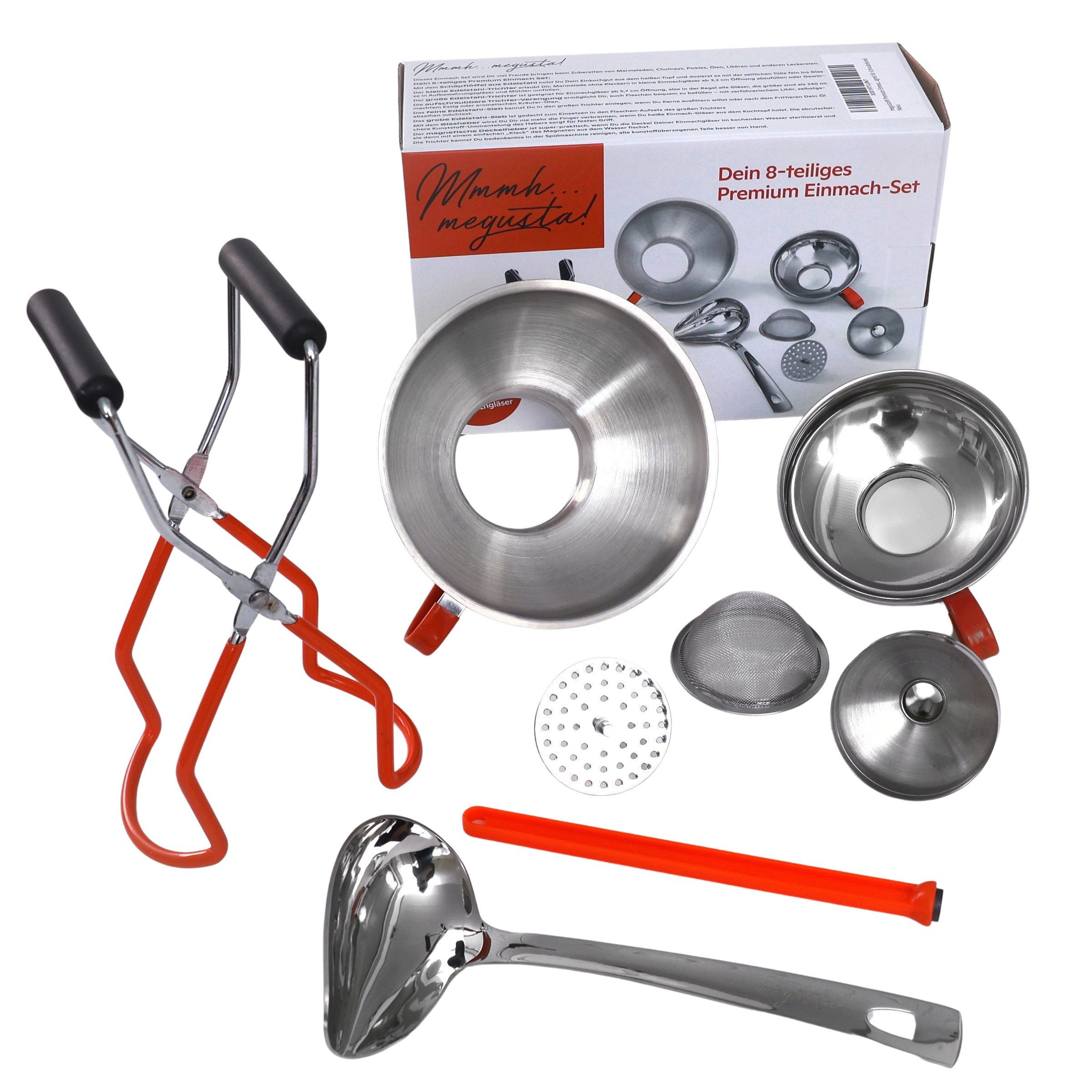 megusta! Лейки Einmachset: 2 Лейки Glasheber Schöpfkelle Reduzierstück Siebe, (8-teiliges Set, 8-tlg), zum Einmachen, Einkochen, Umfüllen, Abfüllen, Portionieren, Bevorraten