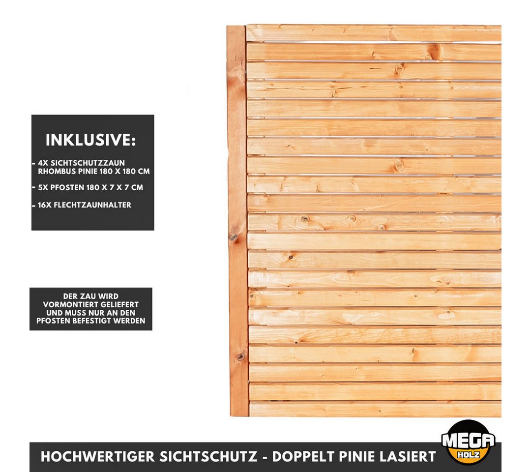 Thumbnail - Mega-Holz Sichtschutzelement Sichtschutzzaun Set Rhombus Farbton Pinie 4 Zaunfeld inkl. Material, (Sparset), Hochwertige...