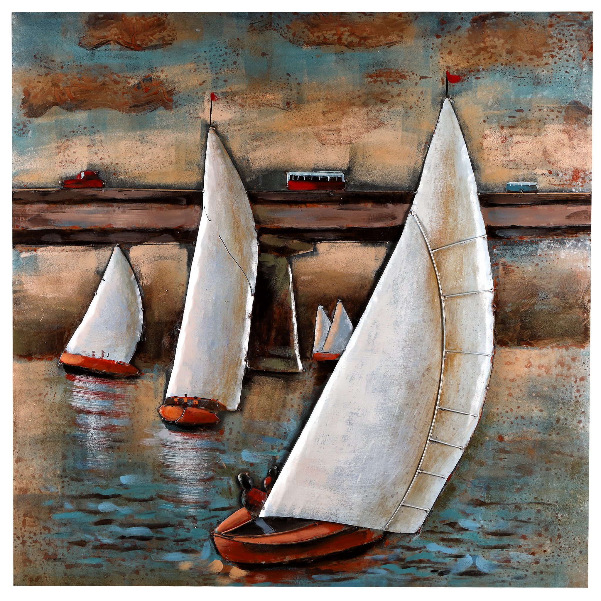 Home4Living Metallbild Wandbild Relief Unikat "Weiße Segelboote" handgefertigt, Segelboote, 3D-Effekt