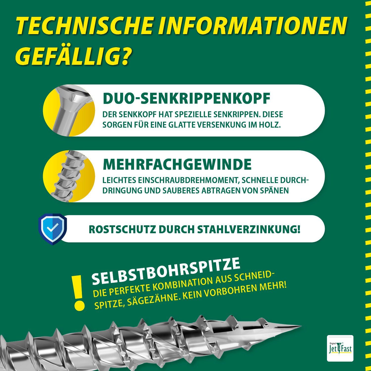 Jet-Fast Schrauben-Set Spanplattenschrauben, Duo-Senkkopf, Selbstbohrspitze - Heimwerker Set, (Packung-Set), Selbstborhspitze, kein Vorbohren nötig, schnelles Einschrauben