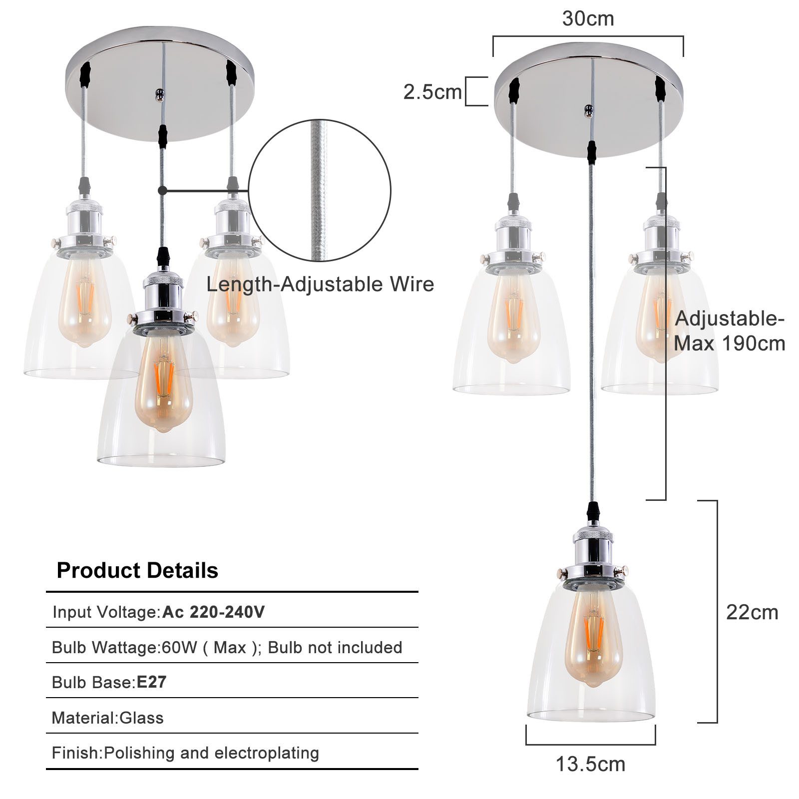 POPOLIC Pendelleuchte Industrielle Pendelleuchte mit höhenverstellbarem Kabel bis 190cm, E27 Fassung, für Wohnzimmer, Küche, Bar oder Home-Office