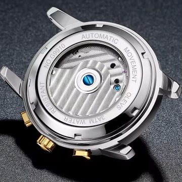 Tidy Automatikuhr OLEVS Edelstahl Herrenuhr Automatik Chronograph Blaues Zifferblatt