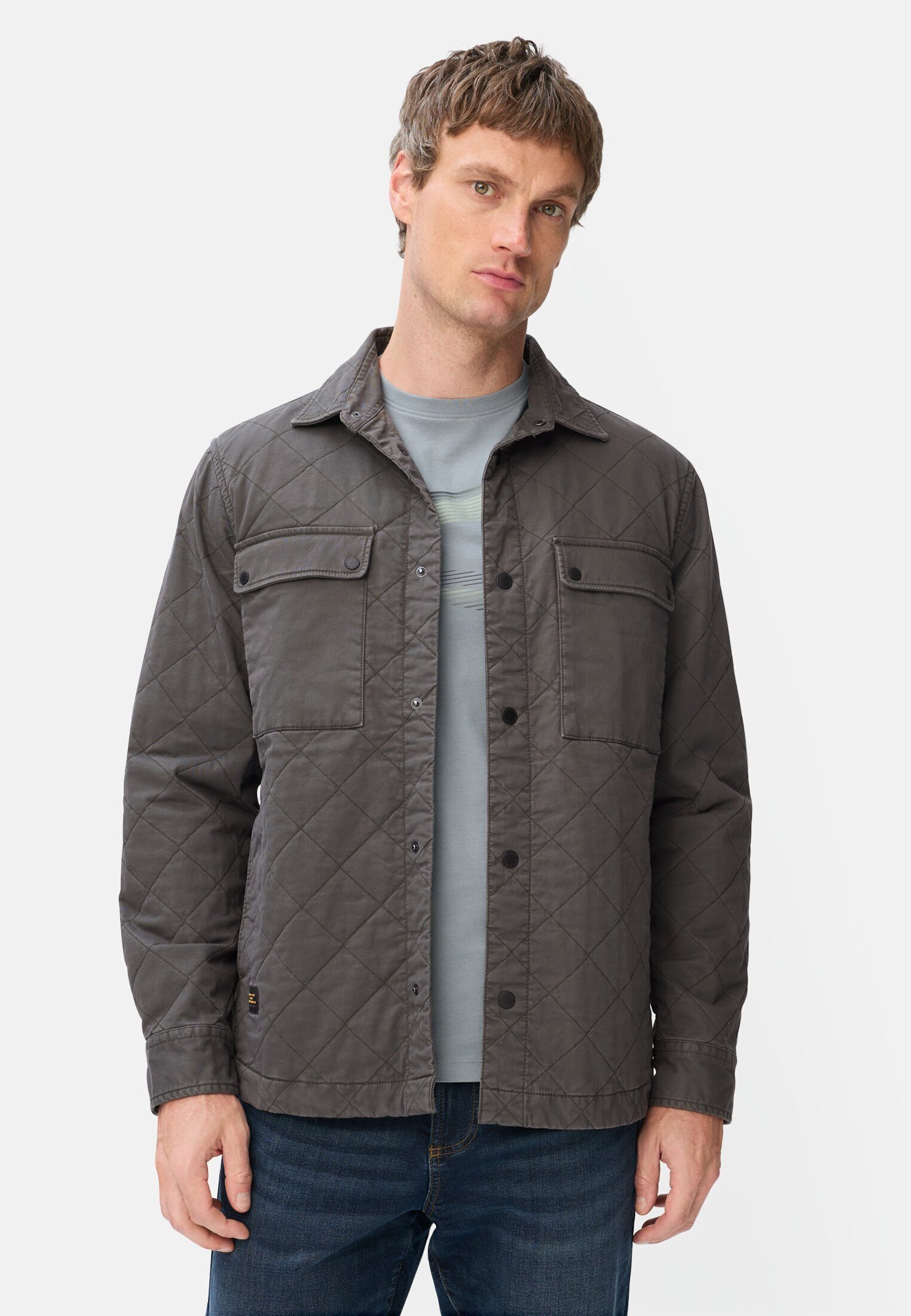 camel active Hemdjacke mit Rautenmuster Langarm Markenlogo