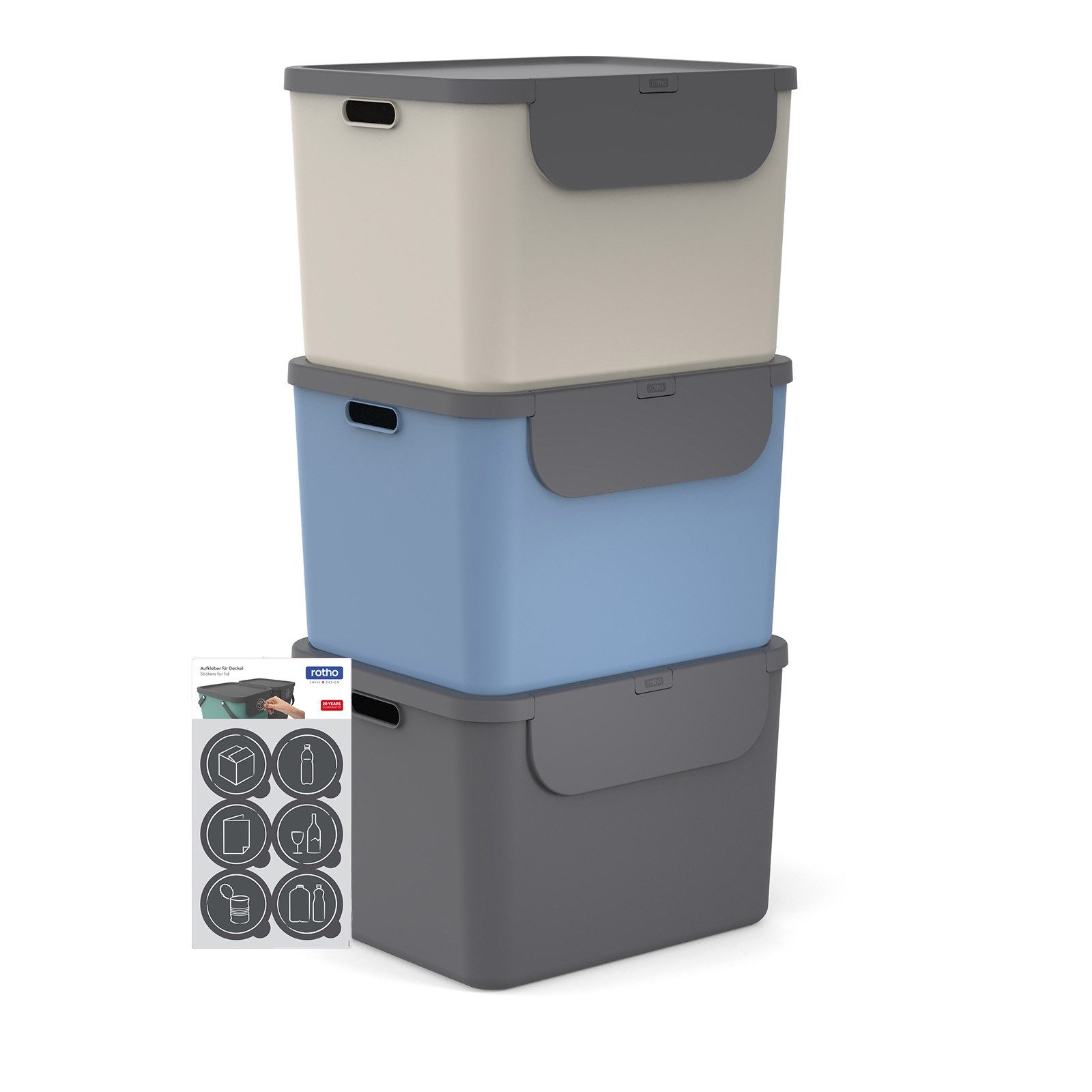 ROTHO Mülltrennsystem Albula Сміттєві урни 55l mit Frontklappe für die Küche – Recycling System, Behälter ideal für Mülltrennung & Recycling