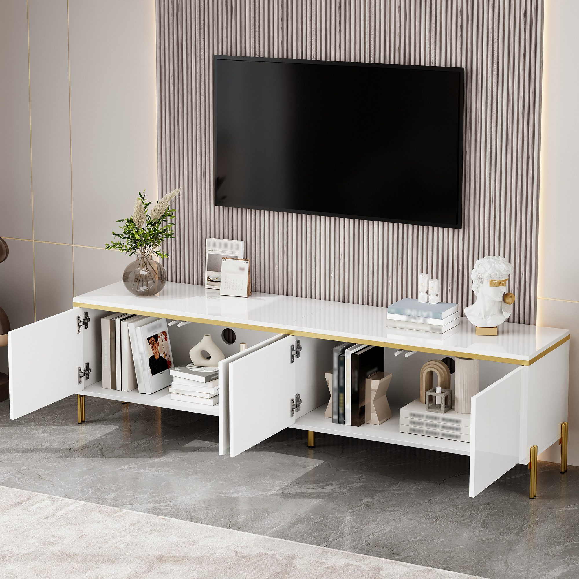 Merax Lowboard hochglanz TV-Ständer mit goldenen Zierelementen & Kabeldurchführungen (1 St), TV-Schrank mit 4 Schranktüren und Metallbeinen, 170x38x50cm