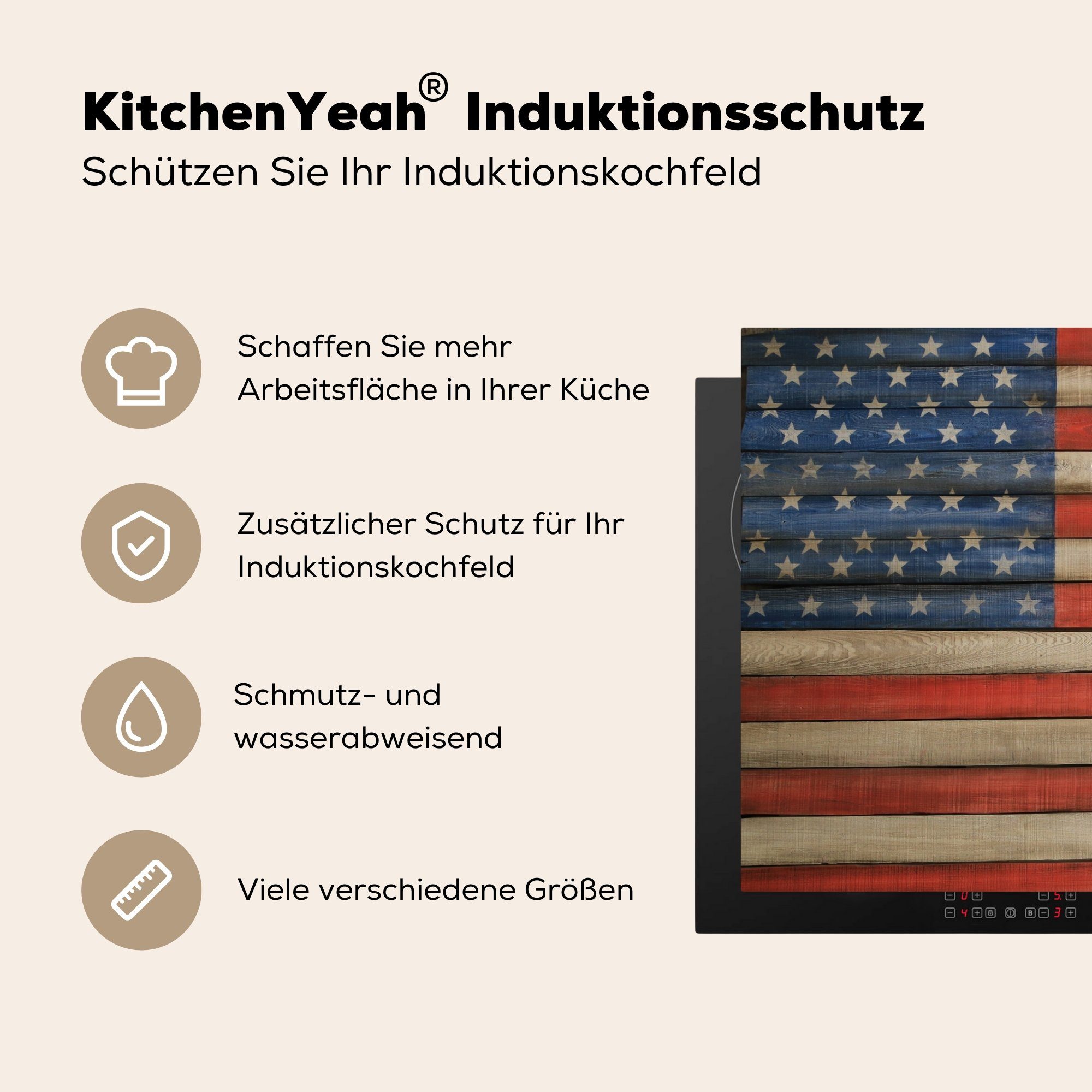 Staaten Vinyl, Schutz Induktionskochfeld (1 81x52 der für die cm, Ceranfeldabdeckung Flagge MuchoWow tlg), küche, Vereinigten Holzpfahl, einem Herdblende-/Abdeckplatte auf