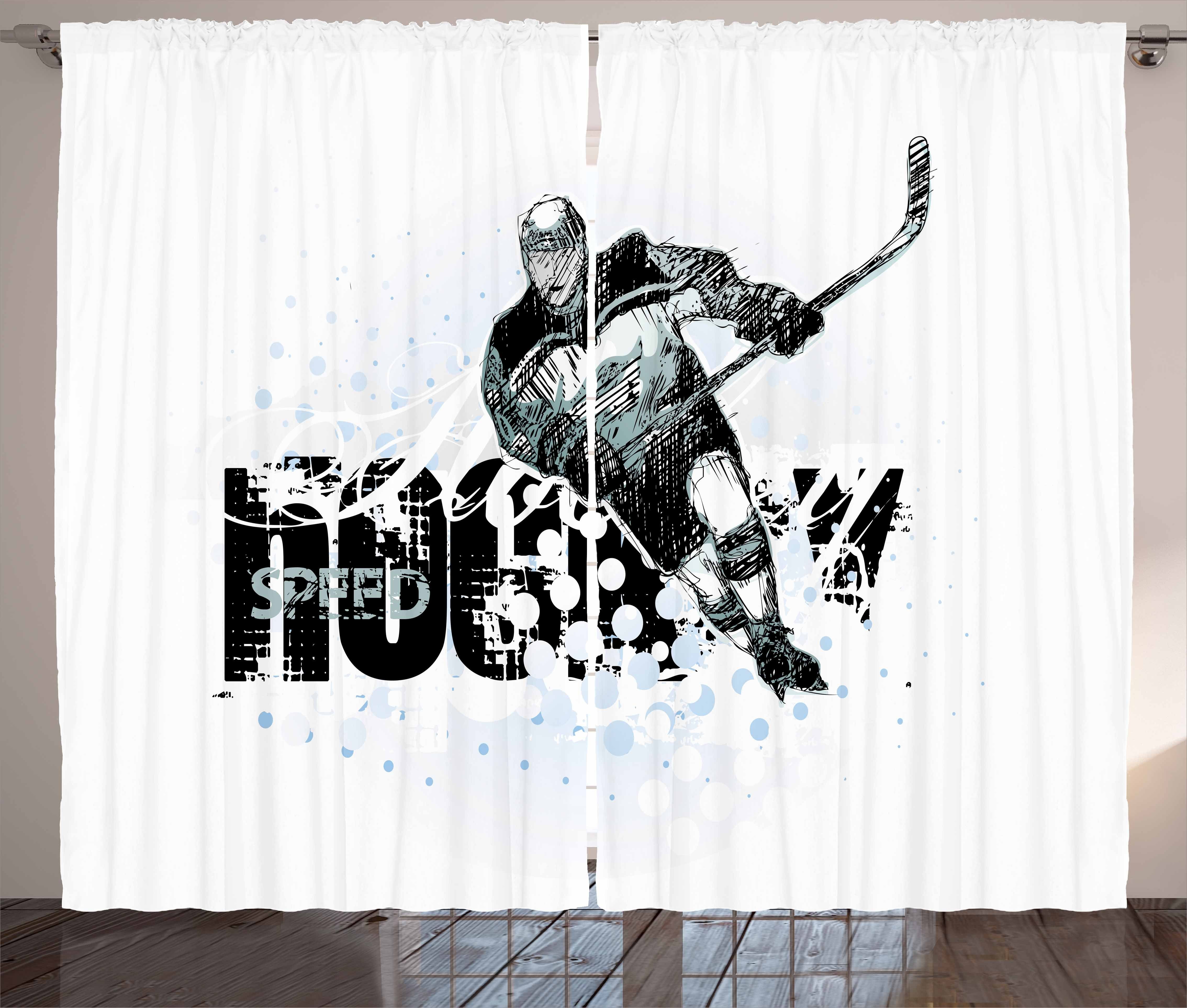 Gardine Schlafzimmer Kräuselband Vorhang mit Haken, Grunge-Spieler-Skizze und Schlaufen Eishockey Abakuhaus