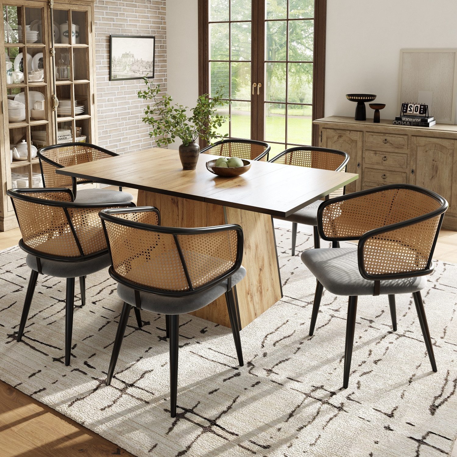 Flieks Esszimmerstuhl (Set, Eisengestell, 6 St), 6er Set Polsterstühle mit Armlehnen Rattanstuhl Samt Wohnzimmer