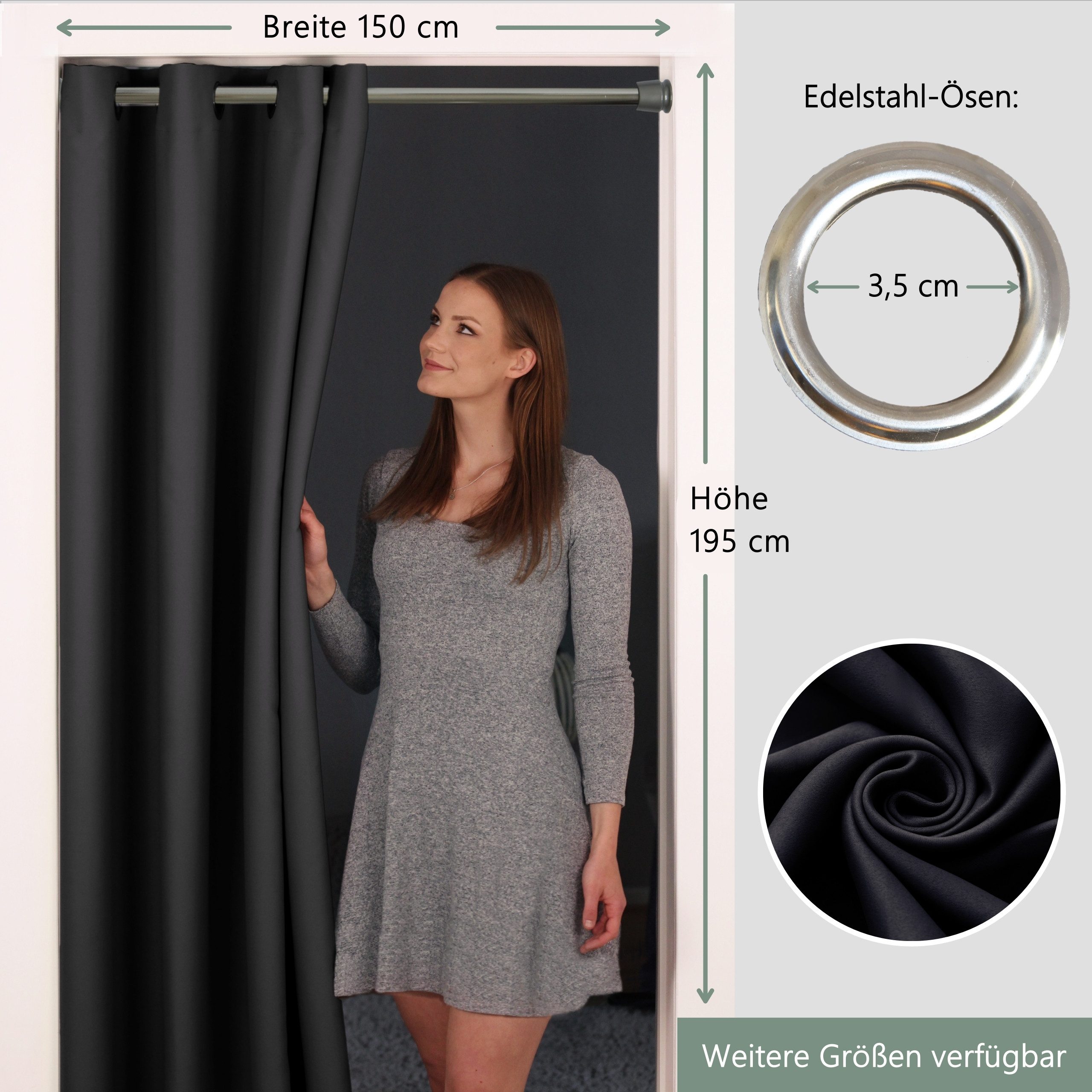 tinycurtains Türvorhang für alle gängigen Türgrößen, Thermovorhang (ohne Stange) Türgardine (1 St), Ösen, abdunkelnd, 100% Polyester, Raumtrenner blickdicht schwarz Eclipse 195x150cm für Tür & Fenster