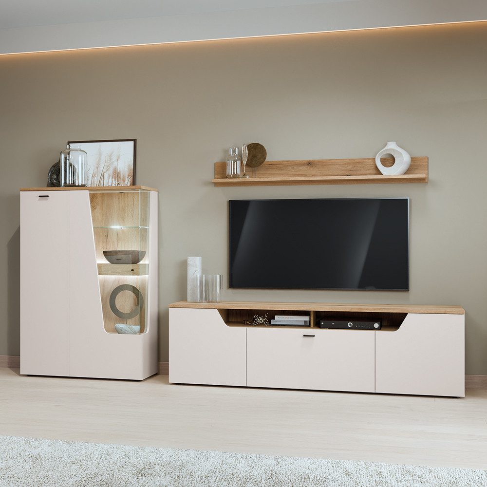 Lomadox Wohnwand CARMONA-129, (3-St., Highboard Lowboard Wandregal), in Kaschmir und Eiche, inkl. LED-Beleuchtung
