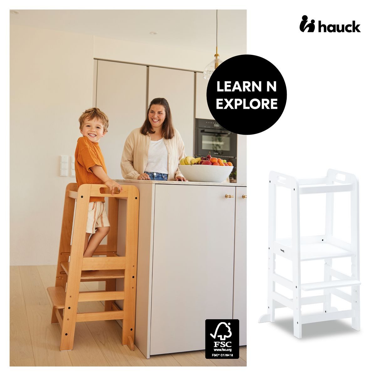 Hauck Tischsitz Learn N Explore - White, Lernturm Kinderstuhl für Küche robust, mitwachsend & höhenverstellbar