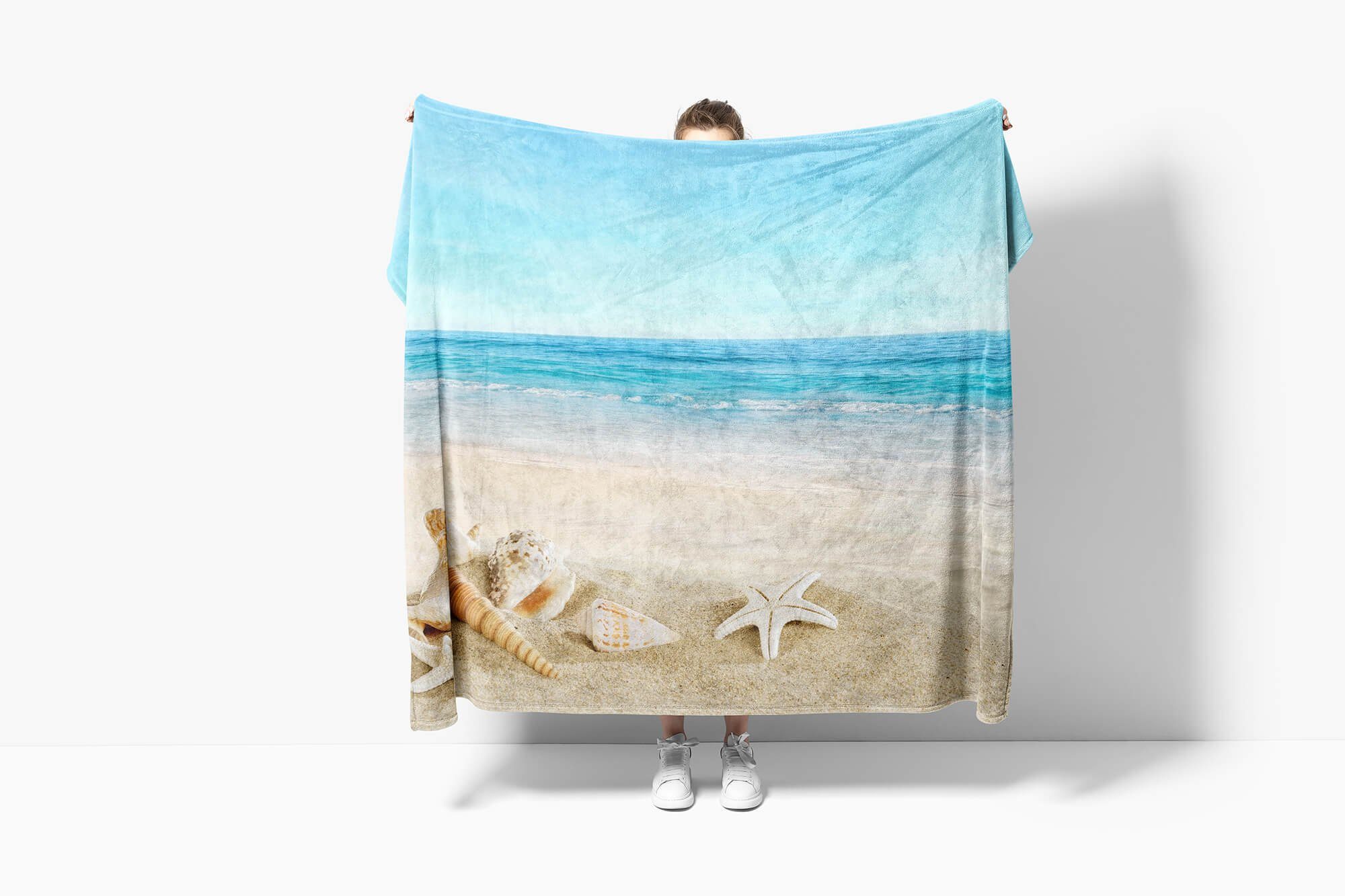 Art mit (1-St), Handtuch Baumwolle-Polyester-Mix Kuscheldecke Sinus Saunatuch Handtücher Mu, Strandhandtuch Meer Sandstrand Fotomotiv Handtuch