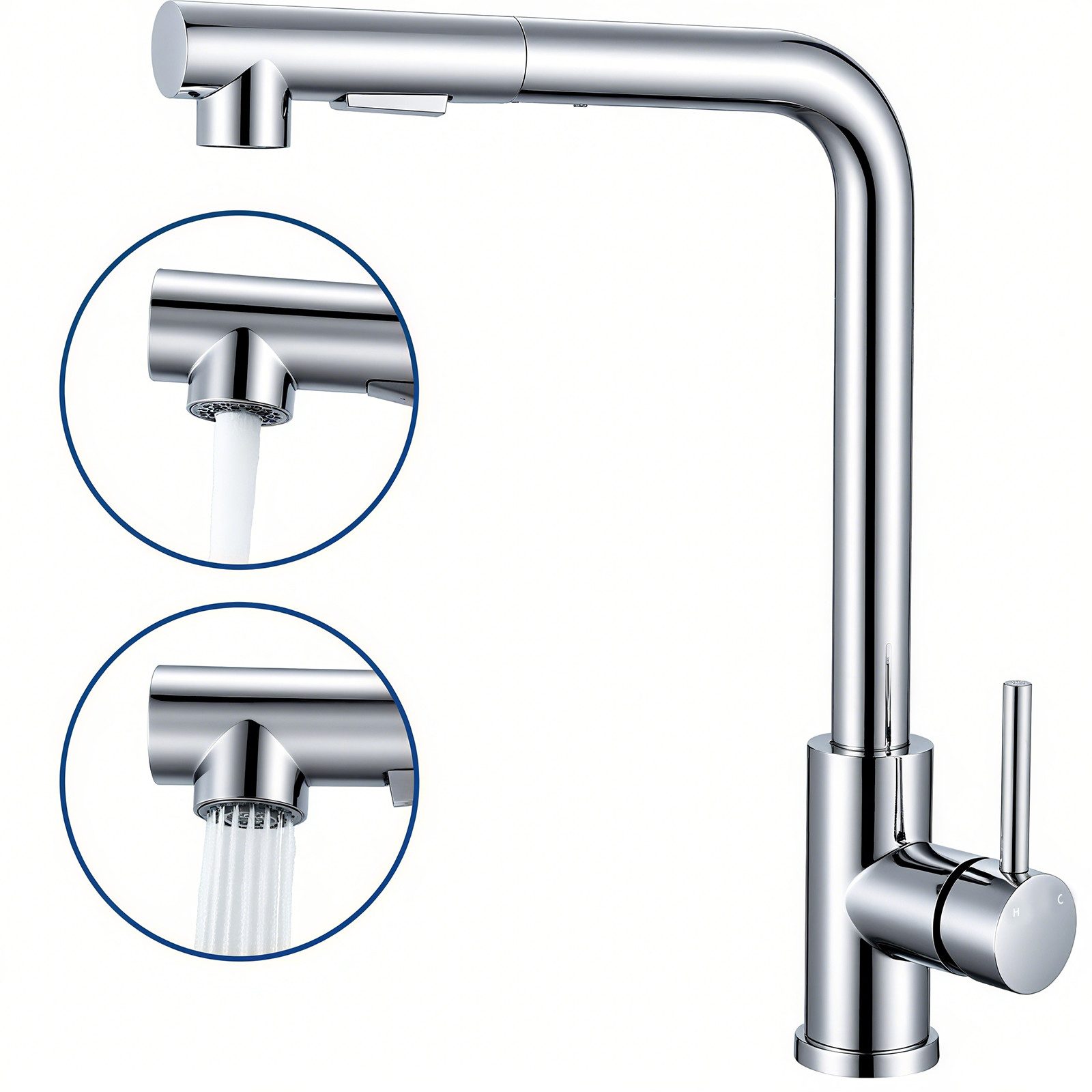 AICA Küchenarmatur Wasserhahn Küche mit Einhand, ausziehbarer Brause für 2 Strahlarten Spültischarmatur mit Einhand & 360° Schwenkfunktion als Hochdruckhahn