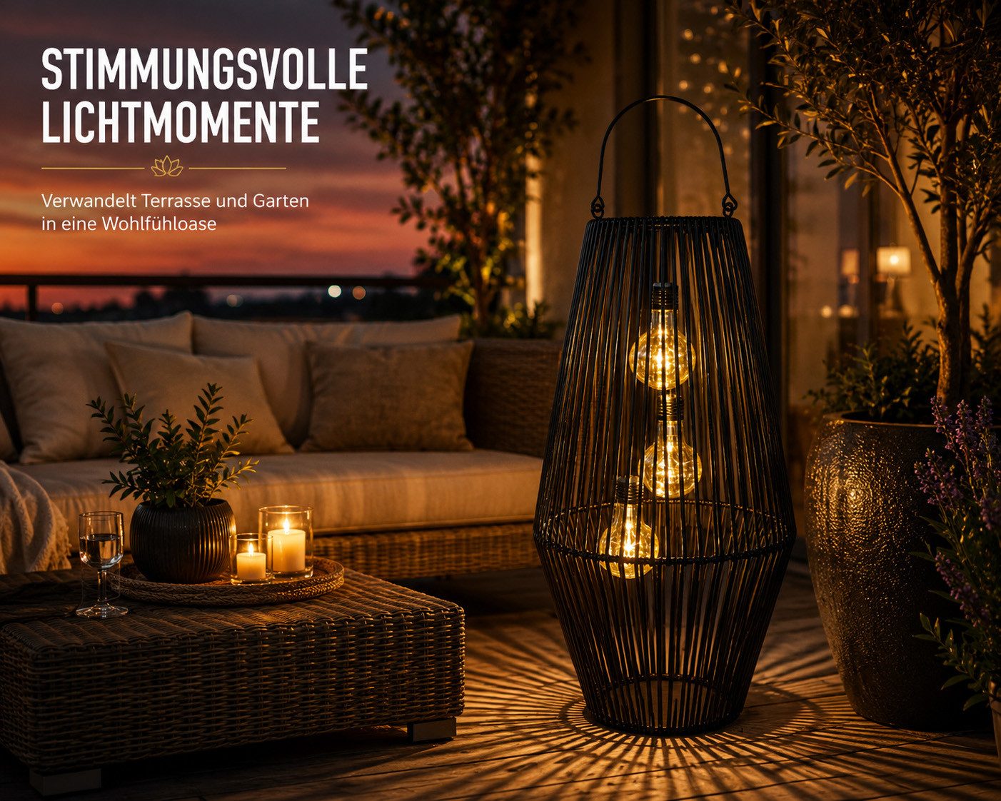 formano LED Laterne Solarlaterne Außen Garten Rattan Look Laterne 55 cm schwarz, LED fest integriert